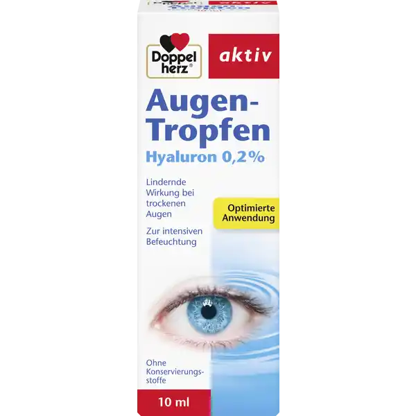 Doppelherz aktiv Augen-Tropfen: Цвет: https://www.rossmann.de/de/gesundheit-doppelherz-aktiv-augen-tropfen/p/4009932131154
Produktbeschreibung und details Hyaluron  lindernde Wirkung bei trockenen Augen zur intensiven Befeuchtung ohne Konservierungsstoffe fr Kontaktlinsentrger geeignet Kontaktdaten Queisser PHARMA Schleswiger Strae   Flensburg Deutschland wwwdoppelherzde Gebrauch Aufbewahrung und Verwendung Aufbewahrungs und Verwendungsbedingungen Nicht ber C lagern Inhaltsstoffe  Natriumhyaluronat   Hypromellose destillierte Wasseraus Aloe vera Kamille Vaccinium myrtillus Heidelbeere und Rosa canina Hagebutte Borsure NatriumtetraboratDekahydrat Natriumchlorid Wasser fr Injektionszwecke Warnhinweise und wichtige Hinweise Warnhinweise Fr Kinder unzugnglich aufbewahren Nur zur Anwendung am Auge