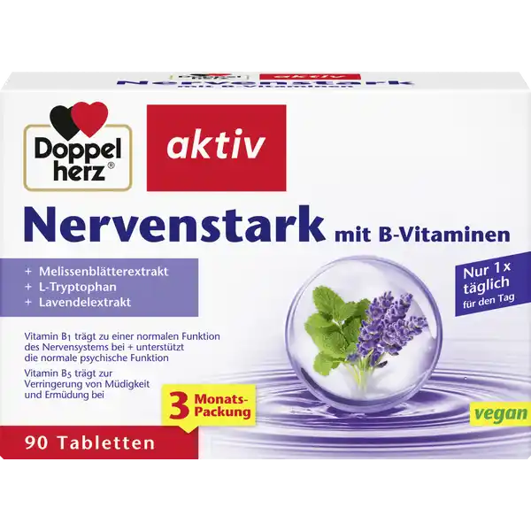 Doppelherz aktiv Nervenstark Tabletten: Цвет: https://www.rossmann.de/de/gesundheit-doppelherz-aktiv-nervenstark-tabletten/p/4009932131017
Produktbeschreibung und details Heutzutage bestimmen berufliche und familire Verpflichtungen persnlicher Erfolgsdruck und stndiger Zeitdruck manchmal unseren Alltag Wir fhlen uns mde und gefordert Pantothensure Vitamin B leistet einen Beitrag zur normalen geistigen Leistungsfhigkeit und trgt zur Verringerung von Mdigkeit und Ermdung bei Lavendelbltenextrakt Johanniskrautpulver und Melissenbltterextrakt bilden die pflanzliche Basis der Tabletten von Doppelherz Zustzlich ist die Aminosure LTryptophan enthalten Lila blhend und zart duftend ist der Lavendel vor allem in Sdfrankreich auf groen Feldern zu sehen und zu riechen Wer im Sommer in der Natur unterwegs ist und genau hinschaut kann Johanniskraut berall entdecken Die Pflanze blht im Sommer an Feldwegen Wiesen und Waldrndern leuchtend sonnengelb Die ursprngliche Heimat der Melisse Melissa officinalis ist der stliche Mittelmeerraum Heute ist sie auch in ganz Europa verbreitet Aufgrund ihres charakteristischen frischen und zitronenartigen Geruchs ist sie auch als Zitronenmelisse bekannt Die Aminosure Tryptophan gehrt zu den essentiellen Aminosuren Essentiell bedeutet dass unser Krper diese Aminosure nicht selbst bilden kann sondern dass wir sie ber die Nahrung zufhren mssen Vitamin B trgt zu einer normalen Funktion des Nervensystems bei und zur normalen psychischen Funktion bei Vitamin B trgt zur Verringerung von Mdigkeit und Ermdung bei Kontaktdaten Queisser Pharma Schleswiger Str   Flensburg wwwdoppelherzde Zutaten Fllstoff mikrokristalline Cellulose Melissenbltterextrakt Johanniskrautpulver LTryptophan Maltodextrin Lavendelbltenextrakt Trennmittel Siliciumdioxid Fllstoff Cellulosepulver berzugsmittel Hydroxypropylmethylcellulose Fllstoff vernetzte Carboxymethylcellulose Farbstoff Titandioxid CalciumDpantothenat Trennmittel Magnesiumsalze der Speisefettsuren berzugsmittel Schellack Trennmittel Talkum Zinkoxid Thiaminhydrochlorid berzugsmittel Polyethylenglycol Farbstoff Eisenoxide und Eisenhydroxide Emulgator Polysorbat  DBiotin Nhrwerte Durchschnittliche Nhrwertangaben pro  Portion  Tablette Tagesdosis Referenzwert Nhrstoffbezugswerte gem EUVerordnung  NRV Zink  mg   Vitamin B Thiamin  mg   Biotin  g   Pantothensure  mg   Anwendung und Gebrauch Tglich  Tablette mit etwas Flssigkeit unzerkaut einnehmen Gebrauch Aufbewahrung und Verwendung Aufbewahrungs und Verwendungsbedingungen Fr kleine Kinder unzugnglich aufbewahren Trocken und nicht ber  C lagern Warnhinweise und wichtige Hinweise Warnhinweise Die angegebene empfohlene tgliche Verzehrsmenge darf nicht berschritten werden Nahrungsergnzungsmittel sind kein Ersatz fr eine ausgewogene und abwechslungsreiche Ernhrungund eine gesunde Lebensweise Fr Kinder JugendlicheSchwangere und Stillende sowie Personen mit eingeschrnkter Nierenfunktion nicht geeignet Bitte inliegende Gebrauchsinformation beachten