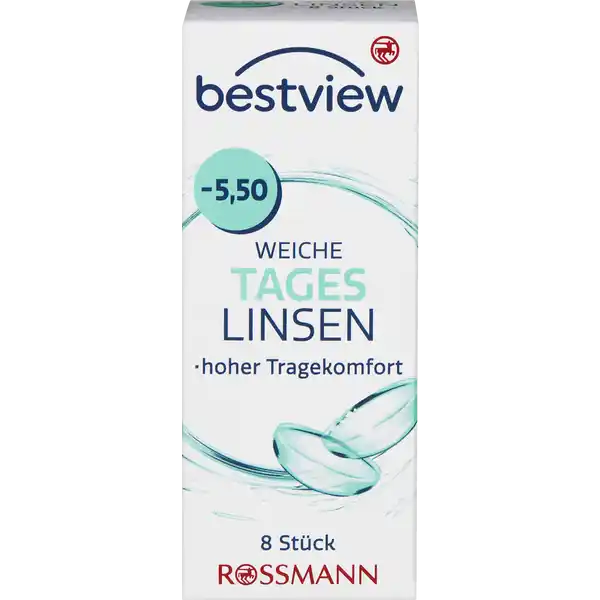 BestView weiche Tageslinsen -5,50: Цвет: https://www.rossmann.de/de/gesundheit-bestview-weiche-tageslinsen--550/p/4719879669688
Produktbeschreibung und details Durch das besonders weiche sauerstoffdurchlssige Material der Tageslinsen wird kaum Eingewhnungszeit bentigt Die Kanten wurden speziell fr hohen Tragekomfort entwickelt Dadurch bleibt die Sehschrfe auch an den Rndern der Linse optimal Tageslinsen sind die gesndeste KontaktlinsenVariante fr die Augen Die Linsen werden tglich ausgetauscht und mssen nicht gereinigt werden Tageslinsen sind ebenfalls ideal wenn man nur ab und zu Kontaktlinsen trgt etwas beim Sport im Urlaub oder am Wochenende hoher Tragekomfort  Stck Kontaktdaten Dirk Rossmann GmbH Isernhgener Strae   Burgwedel Gebrauch Aufbewahrung und Verwendung Aufbewahrungs und Verwendungsbedingungen Empfohlen wird die Lagerung bei Raumtemperatur Inhaltsstoffe  sterile weiche getnte Kontaktlinsen  Methafilcon  HO in gepufferter Kochsalzlsung Warnhinweise und wichtige Hinweise Warnhinweise Nicht verwenden bei beschdigter Linsenverpackung Gehen Sie mit Ihren Linsen bitte regelmig zu einer augenrztlichen Kontrolle Folgen Sie den Anweisungen Ihres Kontaktlinsenanpassers Schlafen Sie nicht mit eingesetzter Linse Das Tragen von Kontaktlinsen kann eine Sonnenbrille nicht ersetzen Ihre Augen sind kostbar Bitte beachten Sie die beiligenden Gebrauchsinformationen