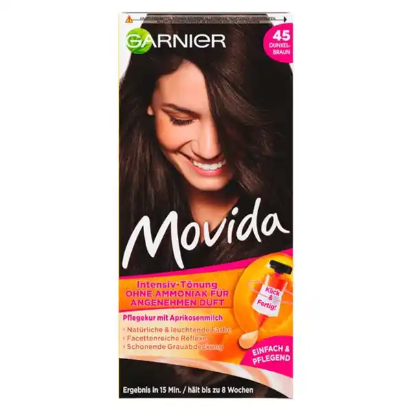 Garnier Movida IntensivTnung  Dunkelbraun: Цвет: Produktbeschreibung und details Garnier Movida Nr  Dunkelbraun lsst das Haar in einem natrlichen dunklen BraunTon mit leuchtenden Reflexen erstrahlen Die sanfte IntensivTnung verleiht dem Haar einen natrlichen Glanz und ausdrucksstarke Leuchtkraft Sogar graue Haare werden schonend abgedecktDie Anwendung der geschmeidigen Tnungscreme gelingt schnell und unkompliziert dank des sicheren COLORCLICSystems Die Creme von Garnier Movida Nr  Dunkelbraun wird nach dem Mischen direkt aus der Flasche aufs trockene Haar aufgetragen ohne dabei zu tropfenDie beiliegende PflegeCreme verwhnt das Haar mit reichhaltiger Pflege Die Formel mit Aprikosenmilch verleiht dem Haar Volumen und Geschmeidigkeit Kontaktdaten GARNIER PARIS Karlsruhe Wien wwwgarnierde UrsprungslandHerkunftsort Belgien Anwendung und Gebrauch Kleidung mit einem alten Handtuch abdecken Einweghandschuhe anziehen und die Farbe in der beiliegenden Flasche entsprechend der Gebrauchsanweisung mischenDie fertige Mischung nun direkt auf das trockene Haar entlang des Scheitels auftragen und mit Fingern vom Ansatz aus verteilenDie Farbe einwirken lassen und anschlieend mit warmem Wasser aussplenDie Pflegekur einmassieren und nach  Minuten wieder aussplen Gebrauch Aufbewahrung und Verwendung Aufbewahrungs und Verwendungsbedingungen Khl und trocken lagern Inhaltsstoffe Tnung quotAQUA  WATER  OLEIC ACID  BENZYL ALCOHOL ALCOHOL DENAT  ETHANOLAMINE  COCAMIDEMIPA  OCTYLDODECANOL  OLETH HEXADIMETHRINE CHLORIDE TOLUENEDIAMINE  METHYLRESORCINOL DIAMINOPHENOXYETHANOL HCl MEALAURETH SULFATE  mAMINOPHENOL SODIUM METABISULFITE  THIOGLYCERIN RESORCINOL  EDTA  ERYTHORBIC ACID  PARFUM FRAGRANCEquotEntwicklerCreme quotAQUA  WATER  HYDROGEN PEROXIDE  CETEARYLALCOHOL  TRIDECETH CARBOXAMIDE MEA CETEARETH  GLYCERIN  TETRASODIUMETIDRONATE  TETRASODIUM PYROPHOSPHATE SODIUM SALICYLATE  PHOSPHORIC ACID  PARFUM FRAGRANCEquotSchmelzende Pflegekur quotAQUA  WATER  CETEARYL ALCOHOL  GLYCERIN DIPALMITOYLETHYL HYDROXYETHYLMONIUMMETHOSULFATE  CETYL ESTERS  TRIDECETH AMODIMETHICONE  CETRIMONIUM CHLORIDE METHYLPARABEN  CITRIC ACID  PRUNUS ARMENIACAAPRICOT FRUIT EXTRACT  PARFUM  FRAGRANCEquot Warnhinweise und wichtige Hinweise Warnhinweise Haarfrbemittel knnen schwere allergische Reaktion hervorrufen Bitte folgende Hinweise lesen und beachten Dieses Produkt ist nicht fr Personen unter  Jahren bestimmt Temporre Ttowierungen mit quotschwarzem Hennaquot knnen das Allergierisiko erhhen Frben Sie Ihre Haare nicht wenn Sie einen Ausschlag im Gesicht haben oder wenn Ihre Kopfhaut empfindlich gereizt oder verletzt ist wenn Sie schon einmal nach dem Frben Ihres Haares eine Reaktion festgestellt haben wenn eine temporre Ttowierungen mit quotschwarzem Hennaquot bei Ihnen schon einmal eine Reaktion verursacht hat Es ist erforderlich einen Allergieverdachtstest unbedingt  Stunden vor jeder Anwendung des Produktes durchzufhren Siehe Gebrauchsanweisung Denken Sie deshalb daran das Produkt rechtzeitig zu kaufen um  Stunden vor der Anwendung den Allergieverdachtstest durchzufhren Entwickler enthlt Wasserstoffperoxid Colorationsprodukt enthlt Resorcin Phenylendiamine Toluylendiamine Kontakt mit den Augen vermeiden Nicht zur Frbung von Wimpern ampamp Augenbrauen verwenden Sofort Augen splen falls das Erzeugnis mit den Augen in Berhrung gekommen ist Geeignete Handschuhe tragen Diese liegen der Packung bei Nach Anwendung die Haare gut splen Dieses Produkt frhestens  Tage nach einer Entkruselung Dauerwelle oder einer lang anhaltenden Glttung anwenden Nicht anwenden wenn Ihre Haare mit Henna gefrbt oder mit einem Produkt behandelt wurden das schrittweise zur Naturhaarfarbe zurckfhrt Darf nicht in die Hnde von Kindern gelangen
https://www.rossmann.de/de/pflege-und-duft-garnier-movida-intensiv-toenung-45-dunkelbraun/p/4002441018459