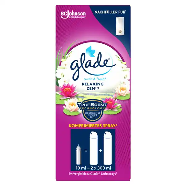 Glade Touch amp Fresh Minispray Nachfller Relaxing Zen: Цвет: Produktbeschreibung und details Glade Touch ampamp Fresh bietet eine schnelle und wirksame Mglicheit Ihr Badezimmer mit Frische zu fllen Mit nur einer Berhrung erhalten Sie konzentrierte Frische sodass Sie sich sofort in Ihrem Badezimmer wohlfhlen Sie knnen Ihren Glade Touch ampamp Fresh Halter wie gewohnt an der Wand befestigen nach Belieben aus der Wandhalterung herausnehmen oder ihn flexibel auf einer gewnschten Oberflche hinstellen Das Produkt ist klein dezent und ist in verschiedenen Duftrichtungen erhltlich das Minispray bietet Frische mit einer Berhung das RaumduftSpray sorgt fr einen angenehmen Duft wurde speziell fr den Gebrauch im Bad entwickelt kompaktes und diskretes Design mit Wandhalterung Duft Frchte taufrische Bltter Maiglckchen Kontaktdaten SC Johnson GmbH Postfach  D   Erkrath  Anwendung und Gebrauch Anwendung nur nach Gebrauchsanweisung  Duftkartusche in den Glade TouchampampFresh Dufthalter einlegen und leicht hineindrcken bis sie mit einem quotKlickquot einrastet  Dufthalter zuklappen und zum Sprhen einfach in die Deckelmitte drcken Gebrauch Aufbewahrung und Verwendung Aufbewahrungs und Verwendungsbedingungen Nur in gut gelfteten Bereichen verwenden An einem khlen trockenen Ort aufbewahren Inhaltsstoffe Enthlt pCumenylmethylpropionaldehyd alphaMethylbenzodioxolpropionaldehyd tertButylcyclohexylacetat Octahydrotetramethylnaphthylethanon Linalool Isoeugenol alphaHexylzimtaldehyd Kann allergische Reaktionen hervorrufen Warnhinweise und wichtige Hinweise Warnhinweise GEFAHR Extrem entzndbares Aerosol Behlter steht unter Druck Kann bei Erwrmung berstenKann allergische Hautreaktionen verursachen Schdlich fr Wasserorganismen mit langfristiger Wirkung Ist rztlicher Rat erforderlich Verpackung oder Kennzeichnungsetikett bereithalten Darf nicht in die Hnde von Kindern gelangen BEI BERHRUNG MIT DER HAUT Mit viel Wasser und Seife waschen Bei Hautreizung oder ausschlag rztlichen Rat einholen rztliche Hilfe hinzuziehen BEI KONTAKT MIT DEN AUGEN Einige Minuten lang behutsam mit Wasser splen Eventuell vorhandene Kontaktlinsen nach Mglichkeit entfernen Weiter splen Bei anhaltender Augenreizung rztlichen Rat einholen rztliche Hilfe hinzuziehenVor Sonnenbestrahlung schtzen Nicht Temperaturen ber  C F aussetzen Behlter nur vllig restentleert der Wertstoffsammlung zufhren Von Hitze heien Oberflchen Funken offenen Flammen und anderen Zndquellen fernhalten Nicht rauchen Nicht gegen offene Flamme oder andere Zndquelle sprhen Nicht durchstechen oder verbrennen auch nicht nach Gebrauch Schutzhandschuhe tragen Einatmen von Aerosol vermeiden Personen die auf Duftstoffe empfindlich reagieren sollten dieses Produkt mit Vorsicht verwenden Raumdfte sind in Ersatz fr gute Haushaltshygiene
https://www.rossmann.de/de/haushalt-glade-touch-und-fresh-minispray-nachfueller-relaxing-zen/p/5000204078565