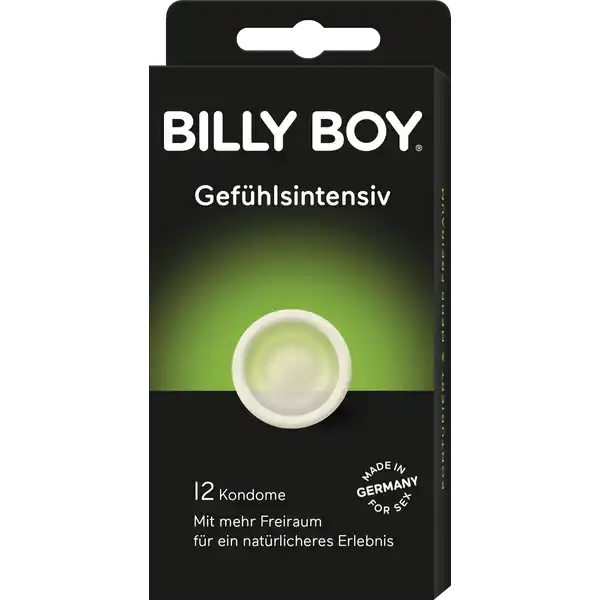 BILLY BOY Kondome quotGefhlsintensivquot: Цвет: Produktbeschreibung und details  Kondome hergestellt aus Naturkautschuklatex mit Gleitfilm Glatte konturierte Form mit Reservoir transparanet mehr Freiraum fr ein gefhlvolleres Liebeserlebnis optimale Passform ampamp leichtes Abrollen mit Gleitfilm dermatologisch getestet hergestellt in Deutschland jedes Kondom einzeln elektronisch geprft Breite des flachliegenden Kondoms ca  mm UrsprungslandHerkunftsort Deutschland Warnhinweise und wichtige Hinweise Warnhinweise Kein Verhtungsmittel kann zu  den Schutz vor Schwangerschaft oder Infektionserkrankungen garantieren Kondome nie zusammen mit l oder fetthaltigen Gleitmitteln verwenden Bitte lesen Sie die beiliegende Gebrauchsanweisung sorgfltig insbesondere bei analer Verwendung der Kondome Konformittserklrung Konformittserklrung Laden Sie das Dokument zum Produkt als PDF herunter
https://www.rossmann.de/de/gesundheit-billy-boy-kondome-gefuehlsintensiv/p/4008600227359