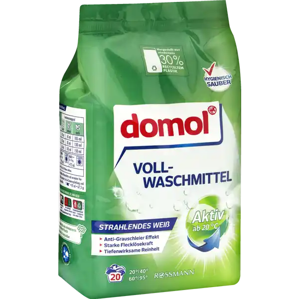 domol Vollwaschmittel Pulver 20 WL: Цвет: https://www.rossmann.de/de/haushalt-domol-vollwaschmittel-pulver-20-wl/p/4305615596556
Produktbeschreibung und details Freuen Sie sich auf starke Reinigungskraft fr Ihre Wsche Das domol Vollwaschmittel sorgt fr tiefenwirksame Reinheit und strahlendes Wei  bereits ab C Speziell fr weie Textilien entwickelte Flecklsekraft AntiGrauschleierEffekt lsst Textilien wie neu erstrahlen Herrlich frisches und reines Dufterlebnis Kontaktdaten Dirk Rossmann GmbH Isernhgener Str   Burgwedel wwwrossmannde      UrsprungslandHerkunftsort Deutschland Anwendung und Gebrauch Sortierung und Waschmittelwahl Die Pflegehinweise in den Textilien beachten und die Wsche nach Farbe Verschmutzungsgrad und Temperatur sortieren Neue farbige Textilien knnen ausfrben daher zunchst auf Farbechtheit berprfen und separat bei max C waschen Fr bunte Textilien empfehlen wir domol Colorwaschmittel Nicht fr Wolle und Seide geeignet Hierfr empfehlen wir ein Wollwaschmittel Hartnckige Flecken bei Bedarf vorbehandeln Befllung und Dosierung Mit mglichst niedriger Temperatur waschen aktiv bereits ab C Fr leicht verschmutzte Wsche ein Kurzwaschprogramm und fr stark verschmutzte Wsche hhere Temperaturen whlen max C Gem Wasserhrte Verschmutzungsgrad und Beladung der Waschmaschine dosieren siehe Dosiertabelle und die empfohlene Beladungsmenge des Gerteherstellers beachten domol Vollwaschmittel ausschlielich ber die Einsplkammer dosieren Eine GratisDosierhilfe erhalten Sie ber das kostenlose InfoTelefon     oder per EMail servicerossmannde Die Wasserhrte ist bei Ihrem rtlichen Wasserwerk in Erfahrung zu bringen Inhaltsstoffe  Zeolithe Bleichmittel und Sauerstoffbasis  anionische Tenside unter  nichtionische Tenside Polycarboxylate Phosphonate Enzyme optische Aufheller Duftstoffe Warnhinweise und wichtige Hinweise Warnhinweise ACHTUNG Verursacht schwere Augenreizung Darf nicht in die Hnde von Kindern gelangen Ist rztlicher Rat erforderlich Verpackung oder Kennzeichnungsetikett bereithalten BEI KONTAKT MIT DEN AUGEN Einige Minuten lang behutsam mit Wasser splen Eventuell vorhandene Kontaktlinsen nach Mglichkeit entfernen Weiter splen Bei anhaltender Augenreizung rztlichen Rat einholen rztliche Hilfe hinzuziehen BEI VERSCHLUCKEN Bei Unwohlsein GIFTINFORMATIONSZENTRUMArzt anrufen Detergenzienblatt Detergenzienblatt Laden Sie das Dokument zum Produkt als PDF herunter