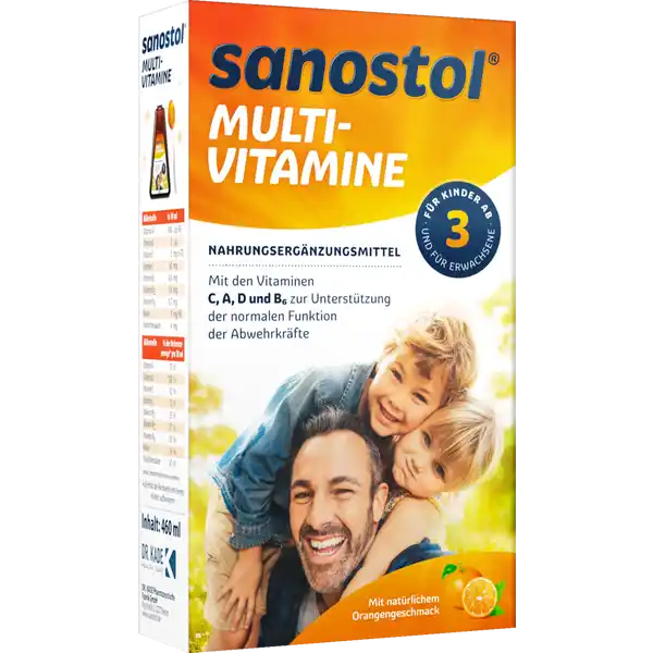 Sanostol Multi-Vitamine: Цвет: Produktbeschreibung und details Sanostol MultiVitamine Jeden Morgen einen Lffel Vitamine Sanostol schmeckt besonders lecker und trgt zB mit den Vitaminen A D B und Vitamin C zu einer normalen Funktion des Immunsystems bei So knnen Sie tglich die Ernhrung gezielt und auf leckere Art ergnzen Wann sind Vitamine wichtig Vitamine sind lebenswichtige Nhrstoffe die der Krper nicht selbst bilden kann Sie mssen deshalb mit der Nahrung von auen zugefhrt werden Eine zustzliche Versorgung mit ausgewhlten Vitaminen kann in besonderen Belastungssituationen notwendig sein Lebensmittelunternehmer Name Dr Kade Pharmazeutische Fabrik GmbH Adresse Rigistrae   Berlin Rechtlich vorgeschriebene Produktbezeichnung Nahrungsergnzungsmittel mit Vitaminen Zutaten Zucker Wasser Glucosesirup Orangensaftkonzentrat MALZEXTRAKT aus GERSTE  LAscorbinsure Grapefruitsaftkonzentrat Suerungsmittel Citronensure Verdickungsmittel Xanthan Orangenl Sonnenblumenl Konservierungsstoff Natriumbenzoat Nicotinamid DPanthenol DLalphaTocopherylacetat Emulgator Polysorbat  Riboflavin phosphat Natrium Thiaminhydrochlorid Pyridoxinhydrochlorid Retinylpalmitat Cholecalciferol Nhrwerte Durchschnittliche Nhrwertangaben pro  Portion NRV Vitamin A  g   Vitamin D  g   Vitamin E  mg   Vitamin C  mg   Niacin  mg   Vitamin B  mg   Pantothensure  mg   Anwendung und Gebrauch Verzehrsempfehlung Kinder ab  Jahren erhalten tglich  ml  Messlffel die gleiche Dosierung gilt fr Jugendliche und Erwachsene Die angegebene empfohlene tgliche Verzehrsmenge darf nicht berschritten werden Gebrauch Aufbewahrung und Verwendung Aufbewahrungs und Verwendungsbedingungen Auerhalb der Reichweite von kleinen Kindern aufbewahren Vor Wrme Sonnenlicht und Feuchtigkeit schtzen Haltbarkeit nach dem ersten ffnen  Wochen Warnhinweise und wichtige Hinweise Warnhinweise Die angegebene empfohlene tgliche Verzehrmenge darf nicht berschritten werden Nahrungsergnzungsmittel sollten nicht als Ersatz fr eine ausgewogene und abwechslungsreiche Ernhrung sowie eine gesunde Lebensweise verwendet werden Das Produkt enthlt Vitamin A Schwangere Frauen und Frauen bei denen eine Schwangerschaft nicht ausgeschlossen werden kann sollten vor Beginn des Verzehrs ihren Arzt befragen Auerhalb der Reichweite von kleinen Kindern aufbewahren
https://www.rossmann.de/de/gesundheit-sanostol-multi-vitamine/p/4043027007177