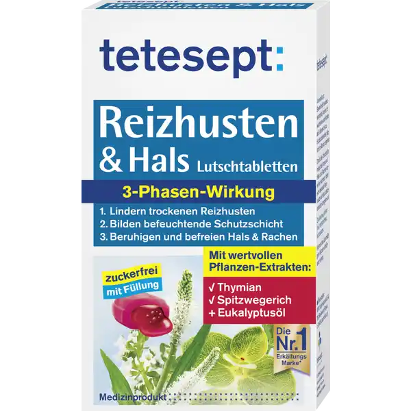 tetesept Reizhusten & Hals Lutschtabletten: Цвет: Produktbeschreibung und details tetesept Husten Lutschtabletten wirken bei erkltungstypischen Beschwerden im Hals wie Reizhusten undHeiserkeit durch die hochwertige Kombination von Thymian Spitzwegerich und EukalyptuslDie Pflanzenextrakte aus Thymian und Spitzwegerich werden durch die balsamartige Fllung besonderslang anhaltend an die Schleimhute im Mund abgegeben und bilden so eine befeuchtende Schutzschichtwodurch der Hustenreiz gelindert wirdDas Eukalyptusl in der ueren Hlle sorgt sofort fr ein befreiendes Gefhl in Hals und Rachen und lsstwieder durchatmentetesept Reizhusten ampamp Hals Lutschtabletten mit Phasen Wirkung bei typischen Erkltungsbeschwerden wie Reizhusten und Heiserkeit befreien Hals und Rachen lindern trockenen Reizhusten bilden befeuchtende Schutzschicht zuckerfrei glutenfrei Farbstofffrei lactosearm Kontaktdaten tetesept pharma gmbh  Frankfurt wwwteteseptde UrsprungslandHerkunftsort Deutschland Zutaten  Lutschtablette enthlt Isomaltitol Thymian und Spitzwegerichextrakt Menthol Eukalyptusl Traubensaftkonzentrat Maltitol Sorbitol Sojalecithin MILCHPROTEIN Sucralose schwarze JohannisbeereAroma Ascorbinsure Zitronensure Gelantine Glycerin Propylenglycol Glycerintriacetat Kaliumsorbat Wasser Enthlt Isomaltitol Maltitol Sorbitol Menthol Eukalyptusl Lactose und Sojalecithin Anwendung und Gebrauch Soweit nicht anders verordnet lassen Erwachsene und Kinder ab  Jahren bis zu  Lutschtabletten tglichim Mund zergehen Damit die Inhaltstoffe mglichst lange auf Hals und Rachen einwirken knnen lsen sich tetesept Reizhusten ampamp Hals Lutschtabletten langsam auf Warnhinweise und wichtige Hinweise Warnhinweise Knnen bei bermigem Verzehr abfhrend wirken
https://www.rossmann.de/de/gesundheit-tetesept-reizhusten-und-hals-lutschtabletten/p/4008491115995