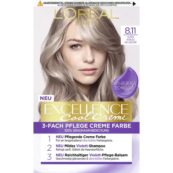 LOral Paris Excellence Cool Creme  Ultra khles Hellblond: Цвет: Produktbeschreibung und details LOral Paris hat die neuen Excellence Cool Creme Nuancen entwickelt die ultrakhle Tne dank der innovativen ViolettFormel versprechen Violette Farbstoffe wirken warmen Tnen entgegen die beim Frben entstehen knnen Die neue violette PflegeRoutine schenkt auch nach der Coloration ein langanhaltend khles FarbergebnisDas milde ViolettShampoo reinigt sanft die Kopfhaut ampamp das Haar von berschssigen Farbresten und glttet die Haaroberflchen fr einen intensiven khlen GlanzDer reichhaltige ViolettPflegeBalsam neutralisiert unerwnschte Farbtne und hlt das Farbresultat khl Kontaktdaten LORAL Deutschland GmbH  Geschftsbereich LOral Paris Johannstrae   Dsseldorf wwwlorealparisde Anwendung und Gebrauch Vorbereitung Lesen Sie in jedem Fall auch die beiliegende Gebrauchsanweisung noch einmal genau durch Es fngt bei einer guten Vorbereitung an Nehmen Sie sich vor dem Frben Zeit und legen Sie folgende Hilfsmittel bereit Ein Schutzumhang oder altes Handtuch Einweghandschuhe Haarklammern aus Plastik und einen Wecker damit Sie die Einwirkzeit nicht vergessen Frben Die Produkte von EXCELLENCE sind leicht in der Anwendung Es werden zwei Komponenten gemischt Farbcreme und Entwickler und die Coloration wird dann auf das ungewaschene Haar aufgetragen Nach der Einwirkzeit einfach aussplen Gebrauch Aufbewahrung und Verwendung Aufbewahrungs und Verwendungsbedingungen Khl und trocken lagern Inhaltsstoffe   INGREDIENTS AQUA  WATER  CETEARYL ALCOHOL  PROPYLENE GLYCOL  DECETH  LAURETH  AMMONIUM HYDROXIDE  OLETH  HEXADIMETHRINE CHLORIDE  LAURIC ACID  GLYCOL DISTEARATE  POLYQUATERNIUM  ETHANOLAMINE  SILICA DIMETHYL SILYLATE NANO  SILICA DIMETHYL SILYLATE  CI   TITANIUM DIOXIDE  DIAMINOPHENOXYETHANOL HCL  mAMINOPHENOL  ASCORBIC ACID  SODIUM METABISULFITE  THIOGLYCERIN  TOLUENEDIAMINE  DIMETHICONE  PROLINE  CARBOMER  THREONINE  RESORCINOL  EDTA  PARFUM  FRAGRANCE FIL C  INGREDIENTS AQUA  WATER  HYDROGEN PEROXIDE  CETEARYL ALCOHOL  SODIUM SALICYLATE  TRIDECETH CARBOXAMIDE MEA  PHOSPHORIC ACID  CETEARETH  TETRASODIUM ETIDRONATE  TETRASODIUM PYROPHOSPHATE  GLYCERIN FIL C B  INGREDIENTS AQUA  WATER  SODIUM LAURETH SULFATE  COCAMIDOPROPYL BETAINE  DIMETHICONE  SODIUM CHLORIDE  PARFUM  FRAGRANCE  HEXYLENE GLYCOL  CITRIC ACID  SODIUM BENZOATE  SODIUM HYDROXIDE  AMODIMETHICONE  CARBOMER  GUAR HYDROXYPROPYLTRIMONIUM CHLORIDE  TRIDECETH  GLYCERIN  SALICYLIC ACID  GLYCOL DISTEARATE  MICA  LINALOOL  HEXYL CINNAMAL  PEG STEARATE  STEARETH  PHENOXYETHANOL  ISOEUGENOL  COCOBETAINE  TRIDECETH  CI   TITANIUM DIOXIDE  BENZYL ALCOHOL  ACETIC ACID  FUMARIC ACID  CI   EXT VIOLET  FIL C  INGREDIENTS AQUA  WATER  CETEARYL ALCOHOL  BEHENTRIMONIUM CHLORIDE  AMODIMETHICONE  ISOPROPYL ALCOHOL  PHENOXYETHANOL  CI   ACID VIOLET   BENZOIC ACID  TRIDECETH  POTASSIUM HYDROXIDE  LINALOOL  HEXYL CINNAMAL  CETRIMONIUM CHLORIDE  ISOEUGENOL  BENZYL ALCOHOL  PARFUM  FRAGRANCE FIL C Warnhinweise und wichtige Hinweise Warnhinweise Haarfrbemittel knnen allergische Reaktionen hervorrufen Bitte folgende Hinweise lesen und beachten Diese Produkt ist nicht fr Personen unter  Jahren bestimmt Temporre Ttowierungen mit quotschwarzem Hennaquot knnen das Allergierisiko erhhen Frben Sie Ihr Haar nicht  wenn Sie einen Ausschlag im Gesicht haben oder wenn Ihre Kopfhaut empfindlich gereizt oder verletzt ist  wenn Sie schon einmal nach dem Frben Ihres Haares eine Reaktion festgestellt haben  wenn eine temporre Ttowierung mit quotschwarzem Hennaquot bei Ihnen schon einmal eine Reaktion verursacht hat Das Nichtbeachten einer vorliegenden Allergie kann lebensbedrohlich sein Es ist unbedingt erforderlich einen Allergieverdachtstest  Stunden vor jeder Anwendung des Produkts durchzufhren auch wenn Sie Haarfarben bereits frher verwendet haben Denken Sie deshalb daran das Produkt  Stunden vorher zu kaufen Gebrauchsanweisung beachten Bei einer Reaktion oder falls Sie Fragen zur persnlichen Vertrglichkeit haben wenden Sie sich vor der Anwendung einer Haarfarbe an einen Arzt EntwicklerCreme enthlt Wasserstoffperoxide Colorationsprodukt enthlt Resorcin Phenylendiamine Toluylendiamine Ammoniak Geeignete Handschuhe tragen Diese liegen der Packung bei Kontakt mit den Augen vermeiden Nicht zur Frbung von Wimpern und Augenbrauen verwenden Sofort Augen splen falls das Erzeugnis mit den Augen in Berhrung gekommen ist Nach Anwendung die Haare gut aussplen Dieses Produkt frhestens  Tage nach einer Entkruselung Dauerwelle oder einer langanhaltenden Glttung anwenden Nicht anwenden wenn Ihre Haare mit Henna gefrbt oder mit einem Produkt behandelt wurde das schrittweise zur natrlichen Haarfarbe zurckfhrt
https://www.rossmann.de/de/pflege-und-duft-loreal-paris-excellence-cool-creme-811-ultra-kuehles-hellblond/p/3600523941162