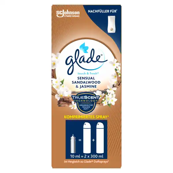 Glade Touch amp Fresh Minispray Nachfller Sensual Sandalwood amp Jasmine: Цвет: Produktbeschreibung und details Glade Touch ampamp Fresh Minispray Nachfller Sensual Sandalwood ampamp Jasmine Nachfllung fr Glade Touch ampamp Fresh und Glade One Touch Halter Erfrischen Sie Ihr Zuhause mit dem edlen Duft von Sandelholz und Vanille Der Glade TouchampampFresh Minispray Nachfller passt auch in den Glade One Touch Halter Nachfllung fr Glade Touch ampamp Fresh und Glade One Touch HalterGlade Touch ampamp Fresh ist nicht nur praktisch sondern auch kompakt Ein Duftstrahl der konzentrierten Rezeptur gengt um jeden Raum Ihres Zuhauses zu revitalisieren Es ist die ideale Lsung fr Frischeduft auch fr unterwegs Kontaktdaten SC Johnson GmbH Postfach  D   Erkrath  Anwendung und Gebrauch  Duftkartusche in den Glade TouchampampFresh Dufthalter einlegen und leicht hineindrcken bis sie mit einem quotKlickquot einrastet  Dufthalter zuklappen und zum Sprhen einfach in die Deckelmitte drcken Gebrauch Aufbewahrung und Verwendung Aufbewahrungs und Verwendungsbedingungen Achtung Anwendung nur nach Gebrauchsanweisung Nur in gut gelfteten Bereichen verwenden An einem khlen trockenen Ort aufbewahren Personen die auf Duftstoffe empfindlich reagieren sollten dieses Produkt mit Vorsicht verwenden Raumdfte sind in Ersatz fr gute Haushaltshygiene Inhaltsstoffe BenzylsalicylatdLimonen Linalool Enthlt BenzylsalicylattertButylcyclohexylacetatOctahydrotetramethylnaphthyl ethanondLimonen Linalool alphaHexylzimtaldehyd Kann allergische Reaktionen hervorrufen Warnhinweise und wichtige Hinweise Warnhinweise GEFAHR Extrem entzndbares Aerosol Behlter steht unter Druck Kann bei Erwrmung berstenKann allergische Hautreaktionen verursachen Schdlich fr Wasserorganismen mit langfristiger Wirkung Ist rztlicher Rat erforderlich Verpackung oder Kennzeichnungsetikett bereithalten Darf nicht in die Hnde von Kindern gelangen BEI BERHRUNG MIT DER HAUT Mit viel Wasser und Seife waschen Bei Hautreizung oder ausschlag rztlichen Rat einholen rztliche Hilfe hinzuziehen BEI KONTAKT MIT DEN AUGEN Einige Minuten lang behutsam mit Wasser splen Eventuell vorhandene Kontaktlinsen nach Mglichkeit entfernen Weiter splen Bei anhaltender Augenreizung rztlichen Rat einholen rztliche Hilfe hinzuziehenVor Sonnenbestrahlung schtzen Nicht Temperaturen ber  C F aussetzen Behlter nur vllig restentleert der Wertstoffsammlung zufhren Von Hitze heien Oberflchen Funken offenen Flammen und anderen Zndquellen fernhalten Nicht rauchen Nicht gegen offene Flamme oder andere Zndquelle sprhen Nicht durchstechen oder verbrennen auch nicht nach Gebrauch Schutzhandschuhe tragen Einatmen von Aerosol vermeiden
https://www.rossmann.de/de/haushalt-glade-touch-und-fresh-minispray-nachfueller-sensual-sandalwood-und-jasmine/p/5000204078329