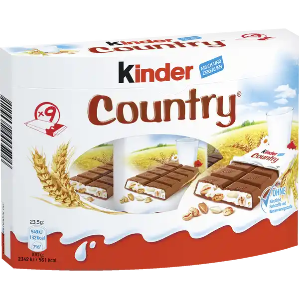 Ferrero Kinder Country 9er Pack: Цвет: Produktbeschreibung und details Ferrero Kinder Country Kinder Country Das ist der einzigartige Schokoladengenuss der knusprig und cremig zugleich schmeckt Goldgelb gerstete Cerealien in einer Fllung aus Milchcreme umhllt von zarter Schokolade ohne knstliche Farb und Konservierungsstoffe Lebensmittelunternehmer Name Ferrero Adresse  Frankfurt am Main GERMANY UrsprungslandHerkunftsort Europische Union Rechtlich vorgeschriebene Produktbezeichnung Gefllte Vollmilchschokolade mit Milchfllung  ampamp verschiedenen Cerealien Zutaten VOLLMILCHSCHOKOLADE   Zucker Kakaobutter VOLLMILCHPULVER  Kakaomasse Emulgator Lecithine  SOJA  Vanillin Zucker MAGERMILCHPULVER  Palml gepufftes Getreide    GERSTE  Reis WEIZEN  DINKEL  BUCHWEIZEN  BUTTERREINFETT  Emulgator Lecithine  SOJA  Vanillin Nhrwerte Durchschnittliche Nhrwertangaben pro  g pro  Portion  g Energie  kj   kcal  kj   kcal Fett  g  g davon  gesttigte Fettsuren  g  g Kohlenhydrate  g  g davon  Zucker  g  g Eiwei  g  g Salz  g  g Gebrauch Aufbewahrung und Verwendung Aufbewahrungs und Verwendungsbedingungen Vor Wrme schtzen
https://www.rossmann.de/de/lebensmittel-ferrero-kinder-country-9er-pack/p/4008400260921