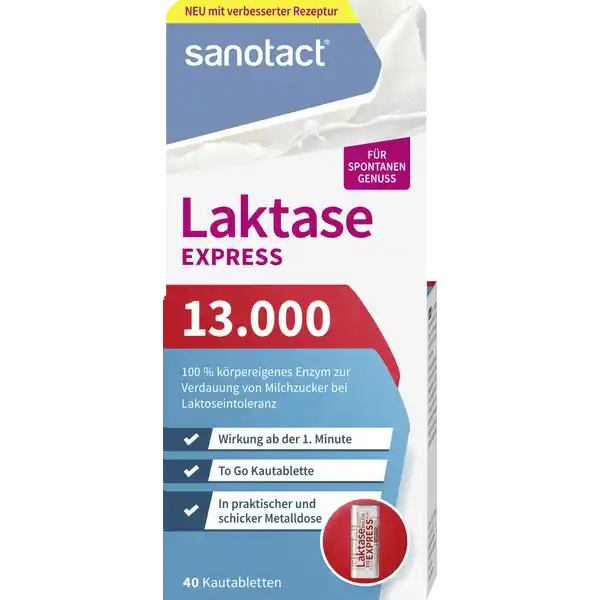 sanotact® Express Laktase 13.000: Цвет: https://www.rossmann.de/de/gesundheit-sanotact-express-laktase-13000/p/4003087441953
Produktbeschreibung und details Die sanotact Express Laktase  Kautabletten verbessern die Verdauung von Milchzucker Laktose bei Personen die Probleme mit der Verdauung von Laktose haben Laktoseintoleranz Das Besondere Wirkt extra schnell und sicher durch die hohe Dosierung die dank der Kautablette ab der  Minute komplett freigegeben wird Besonders praktisch in der schicken Metalldose Lebensmittelunternehmer Name sanotact GmbH Adresse Hessenweg   Mnster Germany wwwsanotactde Rechtlich vorgeschriebene Produktbezeichnung Nahrungsergnzungsmittel mit Laktase  FCCEinheiten Zutaten Dextrose Maltodextrin Laktase Trennmittel Magnesiumsalze der Speisefettsuren Anwendung und Gebrauch  Tablette unmittelbar vor aber nicht auf nchternen Magen oder whrend des Verzehrs von milchzuckerhaltigen Produkten kauen Der Grad der Laktoseintoleranz ist von Person zu Person unterschiedlich Bitte informieren Sie sich ber die Funktion der Laktase bei Ihrer Ernhrung Die angegebene empfohlene tgliche Verzehrmenge darf nicht berschritten werden Nahrungsergnzungsmittel ersetzen keine ausgewogene und abwechslungsreiche Ernhrung sowie eine gesunde Lebensweise Gebrauch Aufbewahrung und Verwendung Aufbewahrungs und Verwendungsbedingungen Fr kleine Kinder unzugnglich aufbewahren Unter C trocken und vor Licht geschtzt lagern Warnhinweise und wichtige Hinweise Warnhinweise Der Grad der Laktoseintoleranz ist von Person zu Person unterschiedlich Bitte informieren Sie sich ber die Funktion der Laktase bei Ihrer Ernhrung Die angegebene empfohlene tgliche Verzehrmenge darf nicht berschritten werden Nahrungsergnzungsmittel ersetzen keine ausgewogene und abwechslungsreiche Ernhrung sowie eine gesunde Lebensweise Fr kleine Kinder unzugnglich aufbewahren