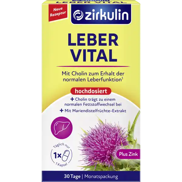 Zirkulin Leber Vital hochdosiert: Цвет: https://www.rossmann.de/de/gesundheit-zirkulin-leber-vital-hochdosiert/p/4036581252442
Produktbeschreibung und details Zirkulin Leber Vital hochdosiert Nahrungsergnzungsmittel mit Cholin Zink und Mariendistelextrakt Cholin trgt zu einem normalen Fettstoffwechsel und zum Erhalt der normalen Leberfunktion bei Zink trgt zu einem normalen Fettsurestoffwechsel bei Die Leber ist das wichtigste Stoffwechselorgan des Krpers Sie untersttzt den Abbau krperfremder Substanzen wie z B Alkohol oder fette Speisen reguliert zentrale StoffwechselAblufe und produziert die fur die Fettverdauung notwendige Gallenflussigkeit Lebensmittelunternehmer Name Districon GmbH Adresse Heidsieker Heide   Bielefeld wwwzirkulinde Rechtlich vorgeschriebene Produktbezeichnung Nahrungsergnzungsmittel mit Cholin Zink und Mariendistelextrakt Zutaten Cholinbitartrat MariendistelfrchteExtrakt Hydroxypropylmethylcellulose Fllstoff Mikrokristalline Cellulose Zinkgluconat Trennmittel Magnesiumsalze der Speisefettsuren und Siliciumdioxid Nhrwerte Durchschnittliche Nhrwertangaben pro  Portion  Kapsel Tagesdosis Referenzwert Referenzmenge fr die tgliche Zufuhr gem Lebensmittelinformationsverordnung NRV Zink  mg   Cholin  mg Anwendung und Gebrauch Erwachsene nehmen mal tglich  Kapsel mit ausreichend Flssigkeit zur Hauptmahlzeit ein Gebrauch Aufbewahrung und Verwendung Aufbewahrungs und Verwendungsbedingungen Auerhalb der Reichweite von kleinen Kindern aufbewahren Unter  C trocken und vor Licht geschtzt aufbewahren Warnhinweise und wichtige Hinweise Warnhinweise Die angegebene empfohlene tgliche Verzehrmenge darf nicht berschritten werden Nahrungsergnzungsmittel sollten nich als Ersatz fr eine abwechslungsreiche und ausgewogene Ernhrung sowie eine gesunde Lebensweise dienen Nicht fr Kinder und Jugendliche Schwangere und Stillende geeignet