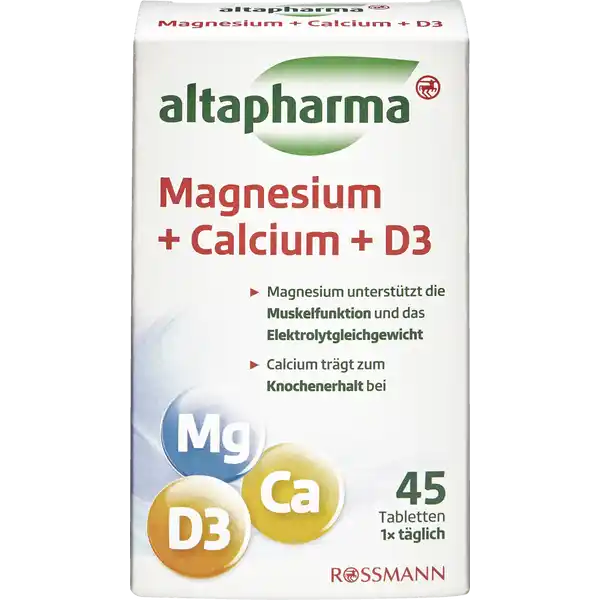 altapharma Magnesium + Calcium + D3: Цвет: https://www.rossmann.de/de/gesundheit-altapharma-magnesium--calcium--d3/p/4305615822143
Produktbeschreibung und details Magnesium und Calcium sind lebenswichtige Mineralstoffe die vom Krper nicht selbst gebildet werden knnen Sie mssen daher mit der Nahrung zugefhrt werden Magnesium trgt zu einer normalen Funktion des Nervensystems und der Muskeln bei und untersttzt den Energiestoffwechsel Zudem untersttzt Magnesium das Elektrolytgleichgewicht im Krper Calcium ist fr den Erhalt von Knochen und Zhnen notwendig Vitamin D trgt zur normalen Aufnahme und Verwertung von Calcium bei dient sozusagen als Einbauhelfer Eine angemessene Versorgung mit diesem Vitamin ist daher fr den Erhalt von Knochen und Zhnen ebenfalls von Bedeutung Bei unausgewogener Ernhrung kann eine zustzliche Einnahme von altapharma Magnesium  Calcium  D Tabletten sinnvoll sein Magnesium untersttzt die Muskelfunktion und das Elektrolytgleichgewicht Calcium trgt zum Knochenerhalt bei laktosefrei glutenfrei x tglich Kontaktdaten Dirk Rossmann GmbH Isernhgener Str   Burgwedel wwwrossmannde      UrsprungslandHerkunftsort Hergestellt in der EU Zutaten Calciumcarbonat Magnesiumoxid Magnesiumcarbonat Fllstoff Mikrokristalline Cellulose Maisstrke Trennmittel Magnesiumsalze der Speisefettsuren berzugsmittel Polyvinylalkohol Polyethylenglycol Talkum Cholecalciferol Nhrwerte Durchschnittliche Nhrwertangaben pro  Portion pro  g  Tablette Energie  kj   kcal  kj   kcal Fett amplt  g  g davon  gesttigte Fettsuren amplt  g  g Kohlenhydrate amplt  g  g davon  Zucker amplt  g amplt  g Eiwei amplt  g amplt  g Salz amplt  g amplt  g NRV Calcium  mg   Magnesium  mg   Vitamin D  g   Anwendung und Gebrauch Tglich  Tablette mit reichlich Flssigkeit zB  Glas Wasser schlucken Gebrauch Aufbewahrung und Verwendung Aufbewahrungs und Verwendungsbedingungen Vor Wrme Sonnenlicht und Feuchtigkeit schtzen Warnhinweise und wichtige Hinweise Warnhinweise Bitte auerhalb der Reichweite kleiner Kinder aufbewahren Die angegebene empfohlene tgliche Verzehrsmenge darf nicht berschritten werden Nahrungsergnzungsmittel sind kein Ersatz fr eine abwechslungsreiche und ausgewogene Ernhrung sowie eine gesunde Lebensweise