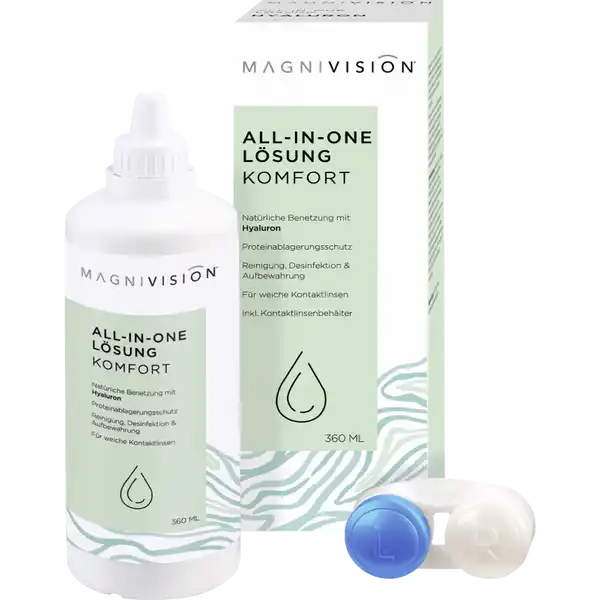 Magnivision AllInOne Lsung Komfort: Цвет: https://www.rossmann.de/de/gesundheit-magnivision-all-in-one-loesung-komfort/p/8023384051569
Produktbeschreibung und details Magnivision AllinOne Lsung Komfort dient zur Desinfektion Lagerung Reinigung Hydration Splung Entfernung von Proteinablagerungen und zur Aufbewahrung als Feuchthaltemittel fr alle Arten von weichen und farbigen Kontaktlinsen Magnivision AllinOne Lsung Komfort enthlt Hyaloronsure fr ein besseres Tragegefhl bei trockenen Augen Das NatriumhyaluronatPolymer mit seinen hohen viskoseelastischen Eigenschaften verbessert die Gleitfhigkeit und die biologische Stabilitt der Kontaktlinsen da es sie stndig hydrasiert hlt natrliche Benetzung mit Hyaluron Proteinablagerungsschutz Reinigung Desinfektion ampamp Aufbewahrung fr weiche Kontaktlinsen inkl Kontaktlinsenbehlter CE  Kontaktdaten Care GmbH Wissenschaftspark Frauenhoferstr   Kiel     UrsprungslandHerkunftsort Italien Anwendung und Gebrauch Waschen Sie sich grndlich die Hnde Entfernen Sie die Kontaktlinsen nehmen Sie einige Tropfen der Magnivision AllinOne Lsung Komfort und massieren Sie diese einige Sekunden lang auf dem Handrcken ein Splen Sie die Kontaktlinsen mit Magnivision AllinOne Lsung Komfort ab und lassen Sie sie mindestens  Stunden oder ber Nacht in der Lsung Bevor Sie die Kontaktlinsen einsetzten mssen Sie diese noch einmal mit Magnivision AllinOne Lsung Komfort splen Flasche nach Gebrauch verschlieen Nach dem ffnen innerhalb von  Tagen verwenden Gebrauch Aufbewahrung und Verwendung Aufbewahrungs und Verwendungsbedingungen Zwischen  und C aufbewahren Inhaltsstoffe Ethylene diamine tetra acetic  PolyHexaMethyleneBiguanide  Hydroxyethylcellulose Hyaluronic acid Poloxamer   Polyquaternium  Natrium chloride Citric acid Tribasic sodium citrate Sodium hydroxide anydrus Purified water Warnhinweise und wichtige Hinweise Warnhinweise Nicht verwenden wenn das Siegel beschdigt ist Wiederholen Sie den Reinigungsvorgang gem Gebrauchsanleitung erneut nachdem die Kontaktlinsen fr mehr als  Tage in derselben Lsung lagen Nicht verwenden bei berempfindlichkeit oder Allergien gegen einen Bestandteil Sollte das Produkt als unangenehm empfunden werden oder anhaltende Reizungen verursachen dann unterbrechen Sie die Anwendung und wenden Sie sich an einen Spezialisten Von Kindern fernhalten Nach Ablauf des Verfallsdatum nicht mehr verwenden Zum Absplen der Kontaktlinsen niemals Leitungswasser verwenden Nicht verschlucken Vor jeglicher Verwendung von ophtalmischen Arzneimitteln whrend des Tragens von Kontaktlinsen einen Spezialisten konsultieren Das Kontaktlinsenpflegesystem nicht wechseln ohne einen Augenarzt zu konsultieren Gegenanzeigen Es existieren keine nachgewiesenen Gegenanzeigen