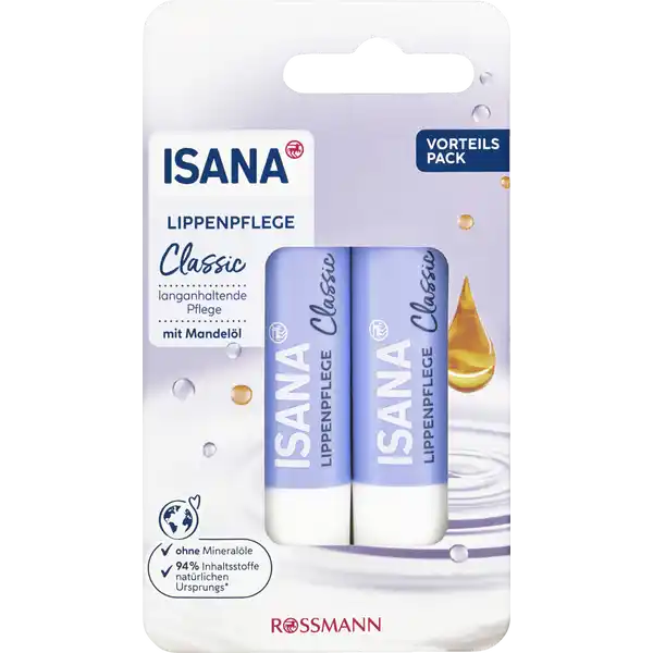 ISANA ISANA LIPPENPFLEGE CLASSIC DOPPELPACK: Цвет: https://www.rossmann.de/de/pflege-und-duft-isana-isana-lippenpflege-classic-doppelpack/p/0000042360025
Produktbeschreibung und details Langanhaltende Pflege und wertvolle Inhaltsstoffe fr ein samtweiches Gefhl ISANA LIPPENPFLEGE schenkt Ihren Lippen was sie brauchen Die ausgewogene Formulierung mit Mandell natrlichem Bienenwachs und schtzendem Candelillawachs bewahrt die Lippen vor dem Austrocknen und eignet sich ideal fr die tgliche Pflege Frei von Mineral und Silikonlen und Farbstoffen Hautvertrglichkeit dermatologisch besttigt Kontaktdaten Dirk Rossmann GmbH Isernhgener Strae   Burgwedel wwwrossmannde UrsprungslandHerkunftsort EU Testurteile Qualittssiegel ampamp Verbandszeichen Inhaltsstoffe Octyldodecanol Ricinus Communis Castor Seed Oil Ethylhexyl Stearate Hydrogenated Palm Oil Cera Alba Candelilla Cera Palmitic Acid Stearic Acid Aroma Prunus Amygdalus Dulcis Oil Benzyl Benzoate Citronellol Citral Limonene Benzyl Cinnamate Geraniol Benzyl Alcohol Cinnamyl Alcohol Linalool Isoeugenol Coumarin Eugenol Farnesol