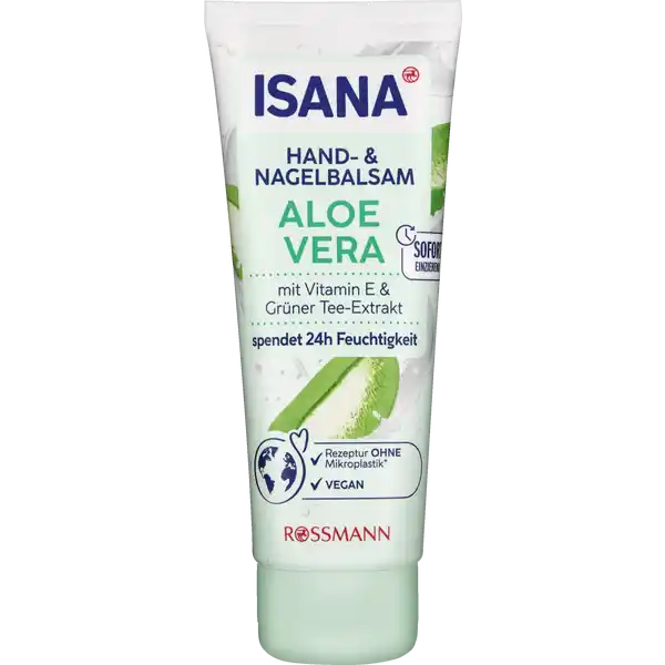 ISANA Hand- & Nagelbalsam Aloe Vera: Цвет: https://www.rossmann.de/de/pflege-und-duft-isana-hand--und-nagelbalsam-aloe-vera/p/4305615610030
Produktbeschreibung und details ISANA Handbalsam Aloe Vera pflegt geschmeidig und sorgt auch bei trockener Haut fr streichelzarte Hnde Die ultraleichte Pflegeformulierung zieht sofort ein und spendet  Stunden Feuchtigkeit Die Rezeptur mit Vitamin E und grnem Teeextrakt lsst sich leicht verteilen und wirkt wohltuend fr rundum geschtzte Hnde fr alle Hauttypen mit Vitamin E ampamp grnem TeeExtrakt sofort einziehend Hautvertrglichkeit dermatologisch besttigt Vegan diese Rezeptur ist zu   ohne Mikroplastik Kontaktdaten Dirk Rossmann GmbH Isernhgener Strae   Burgwedel wwwrossmannde Testurteile Qualittssiegel ampamp Verbandszeichen Inhaltsstoffe Aqua Glycerin Cetearyl Alcohol Glyceryl Stearate Ethylhexyl Stearate Tocopheryl Acetate Aloe Barbadensis Leaf Juice Powder Propylene Glycol Camellia Sinensis Leaf Extract Helianthus Annuus Hybrid Oil Parfum Sorbitol Sodium Cetearyl Sulfate Carbomer Phenoxyethanol Benzyl Alcohol Sodium Benzoate Sodium Hydroxide