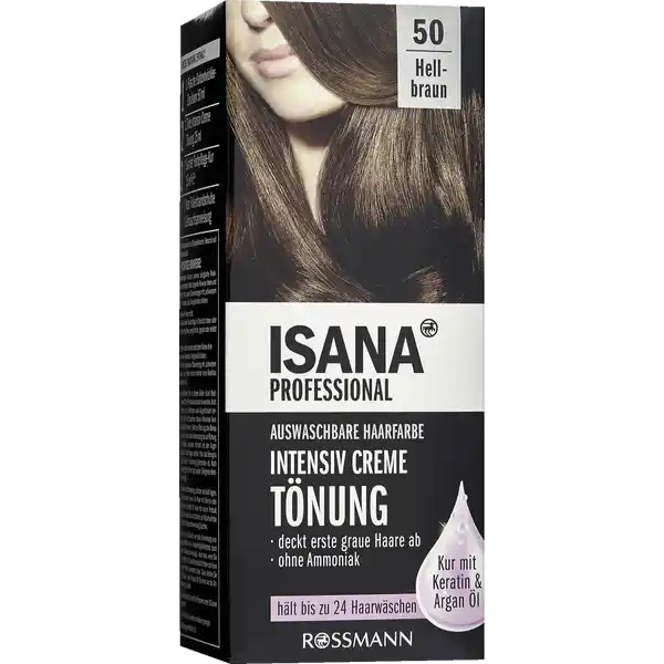 ISANA PROFESSIONAL Intensiv Creme Tnung  Hellbraun: Цвет: https://www.rossmann.de/de/pflege-und-duft-isana-professional-intensiv-creme-toenung-50-hellbraun/p/4305615466095
Produktbeschreibung und details Die Intensiv Creme Tnung ohne Ammoniak fr ein natrliches Farbergebnis mit schimmernden Farbreflexen Die hochwertige FarbpflegeKur mit Keratin und BioArganl schtzt und pflegt das Haar und verwhnt es mit einem fruchtigen Duft fr einen weichen bergang zur natrlich nachwachsenden Haarfarbe Wirkformel mit Keratin Bausteinen und Bienenwachs  FarbpflegeKur hlt bis zu  Haarwschen ohne Ammoniak deckt erste graue Haare schonend ab Kontaktdaten Dirk Rossmann GmbH Isernhgener Strae   Burgwedel wwwrossmannde   UrsprungslandHerkunftsort Deutschland Anwendung und Gebrauch Mischen auftragen Nach  Min Einwirkzeit aussplen  Fertig Empfehlung Bei langem Haar bitte  Packungen verwenden Gebrauch Aufbewahrung und Verwendung Aufbewahrungs und Verwendungsbedingungen Vor starker Licheinwirkung schtzen und khl lagern Inhaltsstoffe Intensiv Creme Tnung Aqua Cetearyl Alcohol Ethanolamine Laureth Sodium Laureth Sulfate Glyceryl Stearate SE TolueneDiamine Sulfate Sodium Sulfate Decyltetradecanol Sodium Lauryl Sulfate Resorcinol Cera Alba Sodium Sulfite Methylresorcinol Parfum Ascorbic Acid mAminophenol Etidronic Acid Hydrolyzed Keratin Naphthol Sodium Hydroxide AminoHydroxytoluene FarbentwicklerEmulsion Aqua Cetearyl Alcohol Hydrogen Peroxide Lanolin Alcohol Sodium Lauryl Sulfate Salicylic Acid Disodium Phosphate Phosphoric Acid Etidronic Acid Tocopherol FarbpflegeKur Aqua Cetearyl Alcohol Distearoylethyl Hydroxyethylmonium Methosulfate Isopropyl Myristate Behentrimonium Chloride Cetrimonium Chloride Phenoxyethanol Panthenol Glycerin Quaternium Hydrolyzed Keratin Parfum Argania Spinosa Kernel Oil Dimethicone Isopropyl Alcohol Tocopherol Propylene Glycol Citric Acid Potassium Sorbate Warnhinweise und wichtige Hinweise Warnhinweise Enthlt Phenylediamine Toluylendiamine Resorcin und WasserstoffperoxidHaarfrbemittel knnen schwere allergische Reaktionen hervorrufen Bitte folgende Hinweise lesen und beachten Temporre Ttowierungen mit quotschwarzem Hennaquot knnen das Allergierisiko erhhenFrben Sie Ihr Haar nicht wenn Sie einen Ausschlag im Gesicht haben oder wenn Ihre Kopfhaut empfindlich gereizt oder verletzt ist wenn Sie schon einmal nach dem Frben Ihres Haares eine Reaktion festgestellt haben wenn eine temporre Ttowierung mit quotschwarzem Hennaquot bei Ihnen schon einmal eine Reaktion verursacht hat Bitte konsultieren Sie in diesen Fllen einen Hautarzt bevor Sie eine Haarcoloration anwenden Nicht zur Frbung von Wimpern und Augenbrauen verwenden Das Nichtbeachten dieses Hinweises kann zum Erblinden fhren Nicht zur Frbung des Bartes und nicht fr eine andere Anwendung als zur Frbung der Kopfhaare anwenden Kontakt mit den Augen vermeiden Sofort Augen splen falls das Erzeugnis mit den Augen in Berhrung gekommen ist Nach Anwendung die Haare gut splen Geeignete Handschuhe tragenNicht anwenden wenn Ihr Haar mit Henna oder Metallsalzen gefrbt ist oder mit einem anderen Produkt behandelt wurde das schrittweise zur Naturhaarfarbe zurckfhrt Gebrauchsanweisung beachtenFhren Sie  Stunden vor jeder Anwendung einer Haarcoloration einen Hautvertrglichkeitstest durch siehe Gebrauchsanweisung auch dann wenn Sie zuvor bereits ein Colorationsprodukt dieser oder einer anderen Marke verwendet haben Daher denken Sie daran das Produkt  Stunden vor der Anwendung zu kaufenDieses Produkt ist nicht fr Personen unter  Jahren bestimmt Darf nicht in die Hnde von Kindern gelangen