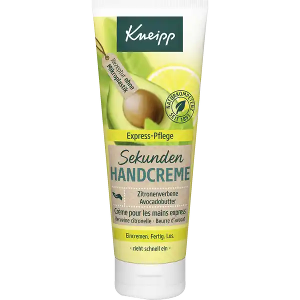 Kneipp Sekunden Handcreme: Цвет: Produktbeschreibung und details Samtweiche Hnde in Sekundenschnelle Die pflanzliche Pflegeformel mit wertvoller Avocadobutter Jojobal und Zitronenverbene pflegt die Hnde sprbar zart und geschmeidig  ohne ein klebriges Gefhl zu hinterlassen Eincremen Fertig Los mit Zitronenverbene und Avocadobutter schnell einziehend und intensiv pflegend pflanzliche Pflegewirkstoffe Hautvertrglichkeit von Universittshautklinik besttigt ohne Konservierungsstoffe ohne Paraffin Silikon und Mineralle von Naturwissenschaftlern entwickelt selbstverstndlich ohne Tierversuche Konservierungsstoffe gem EUKosmetikVOTierversuche fr kosmetische Mittel sind in der EU verboten Kontaktdaten Kneipp GmbH D  Wrzburg wwwkneippde  UrsprungslandHerkunftsort Deutschland Inhaltsstoffe Aqua Water Methylpropanediol Simmondsia Chinensis Jojoba Seed Oil Isopropyl Myristate Glycerin Helianthus Annuus Hybrid Oil Cetearyl Glucoside Stearic Acid Betaine Kaolin Clay Distarch Phosphate Cetearyl Alcohol Persea Gratissima Avocado Oil Lippia Citriodora Leaf Extract Squalane Hydrogenated Olive Oil Tocopheryl Acetate Panthenol Bisabolol Citrus Limon Peel Oil Citrus Aurantium Dulcis Orange Peel Oil Eucalyptus Globulus Leaf Oil Limonene Linalool Citral Caprylyl Glycol Phenylpropanol Parfum Fragrance Xanthan Gum Sodium Stearoyl Glutamate AcrylatesC Alkyl Acrylate Crosspolymer Cetyl Alcohol Stearyl Alcohol Arginine Glyceryl Stearate Tocopherol
https://www.rossmann.de/de/pflege-und-duft-kneipp-sekunden-handcreme/p/4008233133614