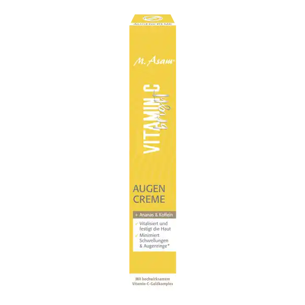 M. Asam Vitamin C bright Augencreme: Цвет: Produktbeschreibung und details  Ananas ampamp Koffein vitalisiert und festig die Haut minimiert Schwellungen ampamp Augenringe mit hochwirksamen VitaminCGoldkomplex parfmfrei Beautifeye Hyaluronsure MagnolienExtrakt Aprikosenkernl pflanzliches Sqalan polstert Trockenheitsfltchen auf strafft und festigt die Haut rund um die Augenpartie Vitamin C schtzt vor freien Radikalen mindert Linien und Fltchen sorgt fr ein erfrischtes glattes Hautgefhl Hautvertrglichkeit dermatologisch besttigt Altersempfehlung  Jahren Kontaktdaten M  ASAM GmbH  Unterfhring wwwasambeautycom UrsprungslandHerkunftsort Made in Germany Anwendung und Gebrauch Morgens und abends auf die gereinigte Augenpartie auftragen und sanft einklopfen Inhaltsstoffe Aqua Water Glycerin Squalane Prunus Armeniaca Apricot Kernel Oil Butyrospermum Parkii Shea Butter Cetearyl Alcohol Pentylene Glycol Cetearyl Glucoside Glyceryl Steareate Sodium Stearoyl Glutamate Ascorbic Acid Gold Albiza Julibrissin Bark Extract Magnolia Officinalis Bark Extract Ananas Sativus Pineapple Fruit Extract Acacia DecurrensJojobaSunflower Seed WaxPolyglycerylEsters Sodium Hyaluronate Caffeine Darutoside Glutathione Tocopherol Caprylhydroxamic Acid Propylene Glycol Xanthan Gum Sodium Gluconate Sorbitol Propanediol Hexanediol Caprylyl Glycol Citric Acid Sodium Benzonate Warnhinweise und wichtige Hinweise Warnhinweise Augenkontakt vermeiden Auerhalb der Reichweite von Kindern aufbewahren Gebrauch nur laut Anwendung
https://www.rossmann.de/de/pflege-und-duft-m-asam-vitamin-c-bright-augencreme/p/4049639423343