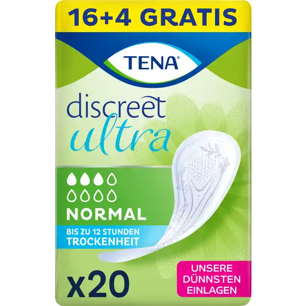 TENA discreet ultra Normal Einlagen 16+4: Цвет: Produktbeschreibung und details Die dnne TENA Discreet Ultra Einlage Normal bietet diskreten und sicheren Schutz bei leichter Blasenschwche Die Einlagen sind etwas lnger als die TENA Discreet Ultra Einlage Mini um dir zustzlichen Schutz zu bieten TENA Discreet Ultra Einlagen sehen aus wie herkmmliche Damenbinden funktionieren aber ganz anders Sie schtzen bei Auslaufen Feuchtigkeit und Gerchen und bieten eine langanhaltende Trockenheit bis zu  Stunden So fhlst du dich den ganzen Tag lang sicher und frisch Kontaktdaten Essity Germany GmbH Sandhofer Strasse   Mannheim wwwtenade UrsprungslandHerkunftsort Niederlande Testurteile Qualittssiegel ampamp Verbandszeichen
https://www.rossmann.de/de/pflege-und-duft-tena-discreet-ultra-normal-einlagen-164/p/7322541688442