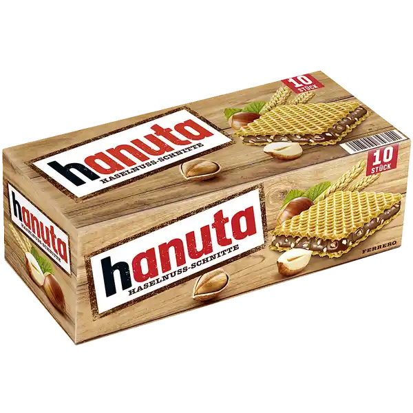 Ferrero hanuta HaselnussSchnitte  Stck: Цвет: Produktbeschreibung und details HaselnussWaffelSchnitte Feine Kakaocreme mit knackigen gersteten Haselnussstckchen zwischen zwei knusprigen Waffeln Ein leckerer nussiger Snack fr zwischendurch Ohne Farbstoffe und Konservierungsstoffe Lebensmittelunternehmer Name Ferrero Adresse  Frankfurt am Main GERMANY wwwferrerocom Rechtlich vorgeschriebene Produktbezeichnung HaselnussSchnitte Zutaten Zucker pflanzliche Fette Palm Shea WEIZENMEHL  HASELNSSE   SSSMOLKENPULVER fettarmer KakaoVOLLMILCHSCHOKOLADE Zucker VOLLMILCHPULVER KakaobutterKakaomasse Emulgator Lecithine SOJA VanillinMAGERMILCHPULVER BUTTERREINFETT Aromen SalzHalbbitterschokolade Zucker Kakaomasse Kakaobutter EmulgatorLecithine SOJA Vanillin Emulgator Lecithine SOJATraubenzucker Backtriebmittel Natriumhydrogencarbonat Vanillin Nhrwerte Durchschnittliche Nhrwertangaben pro  g pro  Portion GDA  Stk Energie  kj   kcal  kj   kcal   Fett  g  g   davon  gesttigte Fettsuren  g  g   Kohlenhydrate  g  g   davon  Zucker  g  g   Eiwei  g  g   Salz  g  g   Gebrauch Aufbewahrung und Verwendung Aufbewahrungs und Verwendungsbedingungen Khl und trocken aufbewahren
https://www.rossmann.de/de/lebensmittel-ferrero-hanuta-haselnuss-schnitte-10-stueck/p/8000500272442