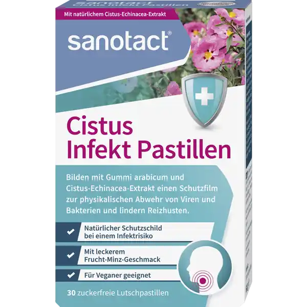 sanotact® Cistus Infekt Pastillen zuckerfrei: Цвет: Produktbeschreibung und details Die regelmige Anwendung von sanotact Cistus Infekt Pastillen in Zeiten von Ansteckungsgefahren untersttzt die Abwehr von Viren und Bakterien durch Bildung einer physikalischen Schutzbarriere auf den Rachenschleimhuten Wie ein Schutzschild legt sich der Gummi arabicum CistusEchinaceaExtrakt ber die Mund und Rachenschleimhute und hilft so Viren und Bakterien abzuwehren bevor sie in den Krper gelangen Aufgrund der physikalischen Wirkungsweise gibt es keine Resistenzbildung Dieser standardisierte Spezialextrakt ermglicht eine hohe effektvolle Dosierung von Polyphenolen Gummi arabicum lindert Reizhusten und trockenen Husten zur physikalischen Abwehr von Viren und Bakterien und zur Reizhustenlinderung mit CistusEchinaceaExtrakt und Gummi arabicum angenehmer FruchtMinzGeschmack ohne Konservierungsmittel Farbstoffe Zucker Gluten und Laktose fr Veganer geeignet Kontaktdaten sanotact GmbH Hessenweg   Mnster wwwsanotactde UrsprungslandHerkunftsort Deutschland Zutaten Wirkstoff  Lutschpastille enthlt  mg Gummi arabicum CistusEchinacea Wirkstoffkomplex Sonstige Bestandteile Maltitol Sorbitol gereinigtes Wasser Ascorbinsure Zitronensure Aroma Pfefferminzl pflanzliches l Acesulfam K Anwendung und Gebrauch Trgt zur Vorbeugung und Abwehr bei erhhtem Infektrisiko jeglichen Ursprungs durch physikalische Barrierebildung auf den Rachenschleimhuten bei Lindert Reizhusten und trockenen Husten  bis mal tglich  Lutschpastille langsam im Mund lutschen Kinder ab  Jahren mal tglich  Pastille Kinder ab  Jahren und min  kg Krpergewicht mal tglich  Pastille Gebrauch Aufbewahrung und Verwendung Aufbewahrungs und Verwendungsbedingungen Khl und trocken aufbewahren Nicht ber C lagern Fr Kleinkinder unzugnglich aufbewahren Warnhinweise und wichtige Hinweise Warnhinweise Die Pastillen enthalten Maltitol und Sorbitol und knnen bei bermigem Verzehr abfhrend wirken
https://www.rossmann.de/de/gesundheit-sanotact-cistus-infekt-pastillen-zuckerfrei/p/4003087410850