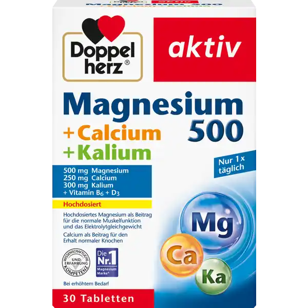 Doppelherz aktiv Magnesium 500 + Calcium + Kalium Tabletten: Цвет: https://www.rossmann.de/de/gesundheit-doppelherz-aktiv-magnesium-500--calcium--kalium-tabletten/p/4009932131376
Produktbeschreibung und details Doppelherz Magnesium   Calcium  Kalium liefert hochdosiertes Magnesium in Kombination mit den beiden Mineralstoffen Calcium und Kalium sowie den Vitaminen D und B Magnesium leistet einen Beitrag zum normalen Energiestoffwechsel sowie zur normalen Funktion des Nervensystems und der Muskeln Auerdem trgt es zum Elektrolytgleichgewicht bei Calcium ist ein lebenswichtiger Mineralstoff und wird fr den Erhalt normaler Knochen und Zhne bentigt Auerdem trgt es zur normalen Muskelfunktion und zur normalen Blutgerinnung bei Kalium spielt ebenso wie Magnesium fr die normale Funktion des Nervensystems und der Muskeln eine Rolle und trgt zur Aufrechterhaltung eines normalen Blutdrucks bei Vitamin B trgt zur normalen Bildung der roten Blutkrperchen bei zustzlich spielt es eine Rolle im normalen Eiweistoffwechsel Vitamin D untersttzt die Calciumaufnahme die normale Muskelfunktion den normalen Knochenerhalt sowie die normale Funktion des Immunsystems Lebensmittelunternehmer Name Queisser Pharma GmbH ampamp Co KG Adresse Schleswiger Strae   Flensburg wwwdoppelherzde Testurteile Qualittssiegel ampamp Verbandszeichen Rechtlich vorgeschriebene Produktbezeichnung Tabletten mit Magnesium Calcium Kalium Vitamin D und B Nahrungsergnzungsmittel Zutaten Magnesiumoxid Calciumcarbonat Kaliumchlorid Fllstoff mikrokristalline Cellulose Fllstoff Polyvinylpyrrolidon berzugsmittel Hydroxypropylmethylcellulose Trennmitel Speisefettsuren Trennmittel Magnesiumsalze der Speisefettsuren Trennmittel vernetzte Carboxymethylcellulose Fllstoff Polyethylenglycol Strke Trennmittel Zuckerester von Speisefettsuren Trennmittel Talkum Vitamin B Farbstoff Eisenoxide und Eisenhydroxide Vitamin D Nhrwerte Durchschnittliche Nhrwertangaben pro  Portion  Tablette NRV Kalium  mg   Calcium  mg   Magnesium  mg   Vitamin D  g   Vitamin B  mg   Anwendung und Gebrauch Bei erhhtem Magnesiumbedarf tglich  Tablette zu einer Mahlzeit mit ausreichend Flssigkeit unzerkaut einnehmen Die Tabletten knnen bei Bedarf auch in zwei Hlften zerteilt werden Gebrauch Aufbewahrung und Verwendung Aufbewahrungs und Verwendungsbedingungen Trocken und nicht ber C lagern Warnhinweise und wichtige Hinweise Warnhinweise Mengen ber  mg Magnesium knnen bei empfindlichen Personen abfhrend wirkenFr Kinder und Jugendliche Schwangere und Stillende sowie Personen mit eingeschrnkter Nierenfunktion nicht geeignet Personen mit Nieren oder Herzerkrankungen sollten vor der Einnahme von Kalium Rcksprache mit ihrem Arzt halten Nahrungsergnzungsmittel sind kein Ersatz fr eine ausgewogene und abwechslungsreiche Ernhrung und eine gesunde Lebensweise