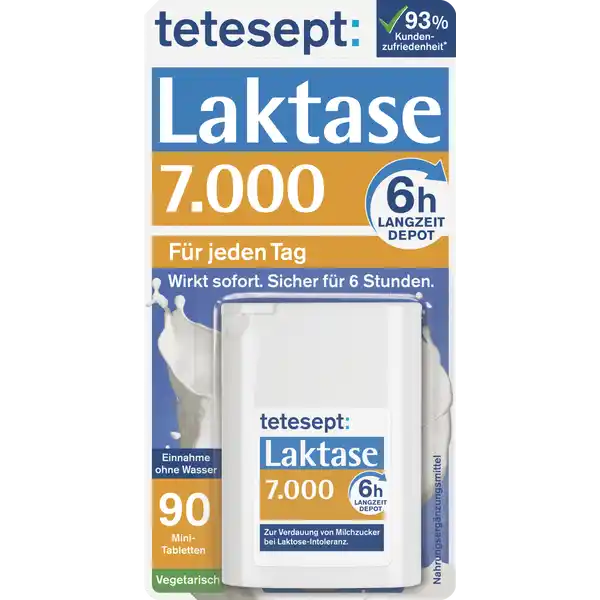tetesept Laktase 7.000 Langzeit-Depot Mini-Tabletten: Цвет: https://www.rossmann.de/de/gesundheit-tetesept-laktase-7000-langzeit-depot-mini-tabletten/p/4008491128292
Produktbeschreibung und details tetesept Laktase  LangzeitDepot verbessert die Verdauung von Milchzucker bei LaktoseIntoleranz  Tablette baut ca  g Laktose ab Der Grad der LaktoseIntoleranz ist von Person zu Person unterschiedlich Bitte informieren Sie sich ber die Funktion der Laktase bei Ihrer Ernhrung Die verlngerte Enzymaktivitt baut Laktose bis zu  Stunden kontinuierlich ab Dadurch ist auch eine kleine Folgemahlzeit noch abgedeckt Das  Stunden LangzeitDepot bietet mehr Sicherheit und damit mehr Freiheit beim Genuss milchzuckerhaltiger Speisen wirkt sofort und sicher fr jeden Tag in der praktischen MiniDose  ideal fr unterwegs Einnahme ohne Wasser fr Vegetarier geeignet Lebensmittelunternehmer Name Merz Consumer Care GmbH Adresse Eckenheimer Landstrae   Frankfurt am Main wwwteteseptde UrsprungslandHerkunftsort Detuschland Rechtlich vorgeschriebene Produktbezeichnung Nahrungsergnzungsmittel mit  FCC Einheiten Laktase pro Tablette Food Chemicals Codex Zutaten Fllstoffe Mikrokristalline Cellulose Hydroxypropylmethylcellulose Maltodextrin Laktase  Trennmittel Magnesiumsalze der Speisefettsuren Siliciumdioxid Tagesdosis  Tablette Laktase Galactosidase  FCC Einheiten  Tablette entspricht  BE Food Chemical Codex Anwendung und Gebrauch  Tablette unmittelbar vor oder whrend des Verzehrs milchzuckerhaltiger Speisen mit etwas Flssigkeit unzerkaut einnehmen Tglich maximal  Tabletten Abhngig von der krpereigenen Laktaseaktivitt und der jeweiligen Menge an Milchzucker in Speisen und Getrnken ist die Dosierung individuell und bedarfsgerecht anzupassen Gebrauch Aufbewahrung und Verwendung Aufbewahrungs und Verwendungsbedingungen Vor Hitze und direkter Lichteinstrahlung schtzen Fr kleine Kinder unzugnglich aufbewahren Warnhinweise und wichtige Hinweise Warnhinweise Die empfohlene tgliche Verzehrsmenge darf nicht berschritten werden Nahrungsergnzungsmittel sind kein Ersatz fr eine abwechslungsreiche und ausgewogene Ernhrung die zusammen mit einer gesunden Lebensweise von Bedeutung ist Laktase verbessert die Verdauung von Milchzucker bei LaktoseIntoleranz Es sind Unterschiede bei Laktoseintoleranz gegeben Betroffene sollten sich Rat bezglich der Funktion des Stoffes bei ihrer Ernhrung holen