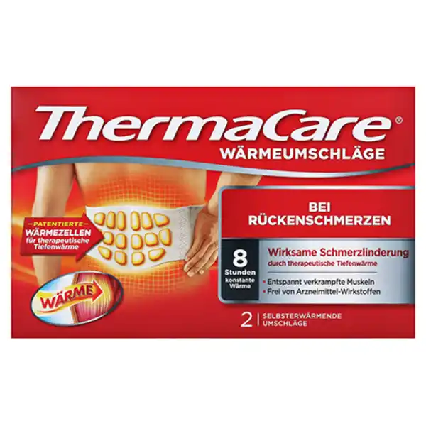 ThermaCare Rckenumschlge: Цвет: https://www.rossmann.de/de/gesundheit-thermacare-rueckenumschlaege/p/5000174799231
Produktbeschreibung und details ThermaCare Rckenumschlge eignen sich besonders gut zur Behandlung von Verspannungen im unteren Rckenbereich Die hautfreundlichen Umschlge mit  patentierten Wrmezellen sind dank des elastischen Materials und Klettverschluss stufenlos grenverstellbar Tiefenwirksame Muskelentspannung Ohne Arzneistoffe Dnn bequem diskret geruchsfrei  Stunden Therapeutische Tiefenwrme Kontaktdaten Angelini Pharma Deutschland GmbH Elsenheimerstr   Mnchen wwwthermacarede Anwendung und Gebrauch  ffnen Sie die luftdichte Verpackung vor der Anwendung Nehmen Sie den ThermaCare Wrmeumschlag heraus Die Wrmezellen beginnen zu erwrmen wenn sie Sauerstoff ausgesetzt sind  Klappen Sie den Wrmeumschlag vollstndig aus Dank des groen Klettbereiches und des StretchGurtes kann er flexibel angepasst werden Der ThermaCare Wrmeumschlag passt sich somit optimal jedem Taillenumfang an Legen Sie den Umschlag von hinten auf die textilfreie Haut an Achten Sie darauf dass die dunkle Seite der Wrmezellen auf der Haut liegt Dadurch knnen Sie den Klettverschluss vorne gut schlieen  Schlieen Sie den Klettverschluss auf der Vorderseite Ihres Krpers Sie knnen den Umschlag nachjustieren und herunterziehen sodass er genau auf der schmerzenden Stelle liegt Inhaltsstoffe Eisengranulat Aktivkohle Salz Wasser Warnhinweise und wichtige Hinweise Warnhinweise Der Umschlag darf niemals in der Mikrowelle im Ofen oder auf sonstige Art erwrmt werden  Brandgefahr Im Alter bis  Jahre knnen Sie ThermaCare Wrmeumschlge auch nachts tragen Es wird vorgeschlagen  ThermaCare Wrmeumschlge erst einmal tagsber zu benutzen um sich mit der Wrmezufuhr vertraut zu machen bevor Sie sich entscheiden sie whrend des Schlafens anzuwenden Alternativ wird empfohlen ein dnnes Kleidungsstck unter dem Wrmeumschlag zu tragen falls Sie noch nicht wissen wie ihr Krper auf die Wrme reagiert Im Alter nimmt das Risiko von Verbrennungen zu weshalb ab einem Alter von  Jahren ThermaCare ber dnner Kleidung getragen und nicht whrend des Schlafens angewendet werden soll Zur Anwendung von ThermaCare Wrmeumschlgen fr den Rcken whrend der Schwangerschaft sollte erst rztlicher Rat eingeholt werden Wenn Sie Diabetes Durchblutungsstrungen Herzerkrankungen oder rheumatoide Arthritis haben und ThermaCare Wrmeumschlge anwenden wollen holen Sie bitte vorher rztlichen Rat ein Den ThermaCare Wrmeumschlag bitte nicht befeuchten oder waschen dies macht die Wrmezellen unwirksam  normaler Krperschwei beeintrchtigt die Funktion nicht Starkes Schwitzen zum Beispiel durch Sport kann bei den Wrmepflastern hingegen den Kleber lsen