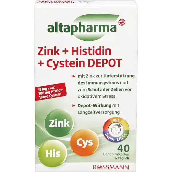 altapharma Zink + Histidin + Cystein Depot Tabletten: Цвет: https://www.rossmann.de/de/gesundheit-altapharma-zink--histidin--cystein-depot-tabletten/p/4305615835372
Produktbeschreibung und details Stress starke krperliche Belastung eine unausgewogene Ernhrung oder andere externe Faktoren wie Klte und Nsse knnen unser Immunsystem und unsere Haut Haare und Ngel beanspruchen Gerade dann ist eine zustzliche Versorgung des Krpers mit ausgewhlten Nhrstoffen sinnvoll Altapharma Zink  Histidin  Cystein Depot untersttzt mit Zink die normale Funktion des Immunsystems und trgt zum Schutz der Zellen vor oxidativem Stress bei Darber hinaus leistet es einen Beitrag zum Erhalt normaler Haut Haare und Ngel Die Rezeptur ist sinnvoll ergnzt um die Aminosuren Histidin und Cystein Durch die DepotFunktion werden die enthaltenen Nhrstoffe zeitverzgert freigesetzt wodurch eine Versorgung des Krpers ber mehrere Stunden gewhrleistet wird mit Zink zur Untersttzung des Immunsystems und zum Schutz der Zellen vor oxidativem Stress DepotWirkung mit Langzeitversorgung Lebensmittelunternehmer Name Dirk Rossmann GmbH Adresse Isernhgener Str   Burgwedel wwwrossmannde   UrsprungslandHerkunftsort Deutschland Zink aus NichtEU Testurteile Qualittssiegel ampamp Verbandszeichen Rechtlich vorgeschriebene Produktbezeichnung Nahrungsergnzungsmittel mit Zink Histidin und Cystein Zutaten LHistidinHydrochlorid Zinkgluconat Fllstoffe mikrokristalline Cellulose und NatriumCarboxymethylcellulose berzugsmittel Hydroxypropylmethylcellulose CysteinHydrochlorid Trennmittel Talkum Siliciumdioxid und Magnesiumsalze der Speisefettsuren Farbstoff Titandioxid berzugsmittel Polyethylenglycol Nhrwerte Durchschnittliche Nhrwertangaben pro  Portion pro  g  Tablette Energie  kj   kcal  kj   kcal Fett amplt  g  g davon  gesttigte Fettsuren amplt  g  g Kohlenhydrate amplt  g  g davon  Zucker  g  g Eiwei  g  g Salz amplt  g  g NRV Zink  mg   Anwendung und Gebrauch Tglich  Tablette mit Flssigkeit zB  Glas Wasser einnehmen Gebrauch Aufbewahrung und Verwendung Aufbewahrungs und Verwendungsbedingungen Khl trocken und vor Licht geschtzt aufbewahren Auerhalb der Reichweite von kleinen Kindern aufbewahren Warnhinweise und wichtige Hinweise Warnhinweise Die empfohlene tgliche Verzehrmenge darf nicht berschritten werden Nahrungsergnzungsmittel sollten nicht als Ersatz fr eine abwechslungsreiche und ausgewogene Ernhrung sowie eine gesunde Lebensweise dienen Fr Kinder und Jugendliche unter  Jahren nicht geeignet Von einem Verzehr weiterer zinkhaltiger Nahrungsergnzungsmittel ist abzuraten