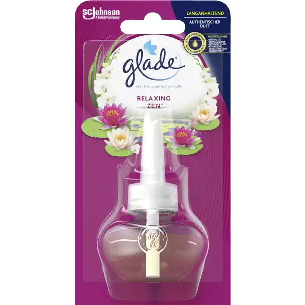 Glade Electric Scented Oil Duftstecker Nachfller Relaxing Zen: Цвет: Produktbeschreibung und details Glade Electric Scented Oil empfngt Sie und Ihre Gste mit einem einzigartigen Dufterlebnis Der elektrische Duftspender von Glade verleiht Ihrer Wohnung eine angenehm duftende Wohlfhlatmosphre Der Halter fr die Steckdose ist formschn gestaltet und bietet ein langanhaltendes FrischeGefhl Ein Glade Electric Scented Oil Nachfller bietet bis zu  Tage frischen mit therischen len angereicherten Duft und ist in verschiedenen Duftrichtungen erhltlich NachfllFlakon fr elektrischen Lufterfrischer elegantes Design mit einzigartiger Dufttechnologie regulierbare Duftstufen fr perfekten Raumduft Duft Maiglckchen Jasmin und Veilchen Kontaktdaten SC Johnson GmbH Erkrath Deutschland    Anwendung und Gebrauch  Drehen Sie bei Bedarf den elektrischen Stecker des Halters um die Ausrichtung an Ihre Steckdose anzupassen  Halten Sie den DuftlNachfller stets aufrecht Schrauben Sie die Klappe von dem DuftlNachfller ab und setzen Sie ihn in den Halter ein  Stecken Sie den Halter aufrecht in die Steckdose Bitte lesen Sie die wichtigen Sicherheitshinweise  Erhalten Sie die gewnschte DuftIntensitt durch Anpassung der Regulierungsstufe Nach Gebrauch Hnde waschen Genieen Sie bis zu  Tage Duft auf niedrigster Einstellung bei tglicher Nutzung von  Stunden Inhaltsstoffe Enthlt Citronellol pCumenylmethylpropionaldehyd Geraniol alphaMethylbenzodioxolpropionaldehyd Phenylacetataldehyd Isocyclocitral tertButylphenylpropionaldehyd Trimethylcyclohexadienylbutenon Allylcyclohexylpropionat Octahydrotetramethylnaphthylethanon dLimonen Dimethylcyclohexencarbaldehyd Kann allergische Reaktionen hervorrufen Warnhinweise und wichtige Hinweise Warnhinweise ACHTUNG Enthlt Linalool tertButylcyclohexylacetat und Isoeugenol Kann allergische Hautreaktionen verursachen Schdlich fr Wasserorganismen mit langfristiger Wirkung Ist rztlicher Rat erforderlich Verpackung oder Kennzeichnungsetikett bereithalten Darf nicht in die Hnde von Kindern gelangen Schutzhandschuhe tragen BEI BERHRUNG MIT DER HAUT Mit viel Wasser und Seife waschen Behlter nur vllig restentleert der Wertstoffsammlung zufhren Nur in gut gelfteten Bereichen verwenden Niemals weitere elektrische Gerte in eine Steckdose unmittelbar oberhalb des Duftsteckers stecken Verpackung mit den Sichterheitshinweisen ber gesamte Anwendungsdauer des Produktes aufbewahren Falls Flssigkeit verschttet wurde diese umgehend aufwischen Personen die auf Duftstoffe empfindlich reagieren sollten dieses Produkt mit Vorsicht verwenden Raumdfte sind kein ERsatz fr gute Haushaltshygiene
https://www.rossmann.de/de/haushalt-glade-electric-scented-oil-duftstecker-nachfueller-relaxing-zen/p/5000204117011