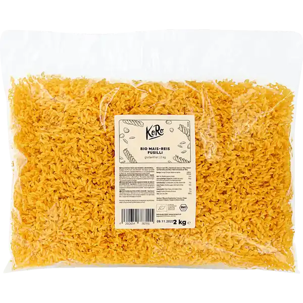 KoRo Bio Fusilli aus Mais und Reis: Цвет: Produktbeschreibung und details Die MaisReis Fusilli von KoRo kommen in der  kg Vorteilspackung Die Zutaten stammen aus kontrolliert biologischem Anbau und sind frei von Konservierungsstoffe knstlichen Aromen und Geschmacksverstrkern Ob im Salat in Auflufen oder ganz klassisch mit Tomatensoe sind die Fusillis echte NudelAllrounder Durch den Verzicht von glutenhaltigem Getreide sind die Bio MaisReis Fusilli von Natur aus glutenfrei und stellen die Neuinterpretation der klassischen Nudeln dar So viel so gut  frei nach diesem Motto bietet KoRo Lieblingslebensmittel in Gropackungen an Das spart nicht nur Verpackungsmaterial und Kosten sondern man hat auch lnger was von innovativen Snacks Superfoods und altbewhrten Koch und Backzutaten Dabei versucht das Berliner Unternehmen stetig seine Produktpalette zu erweitern und dabei so nah wie mglich am Ursprung einzukaufen SpiralfrmigKurze Kochzeit ohne Geschmacks Farb und Konservierungsstoffe glutenfrei aus kontrolliert biologischem Anbau Lebensmittelunternehmer Name KoRo Handels GmbH Adresse Hauptstrae   Berlin wwwkorodrogeriede Bio Zertifikat DEKO UrsprungslandHerkunftsort EULandwirtschaft Testurteile Qualittssiegel ampamp Verbandszeichen Rechtlich vorgeschriebene Produktbezeichnung Glutenfreie Pasta Zutaten   Maismehl   Reismehl aus kontrolliert biologischem Anbau Kann Spuren von EI und SOJA enthalten Nhrwerte Durchschnittliche Nhrwertangaben pro  g Energie  kj   kcal Fett  g davon  gesttigte Fettsuren  g Kohlenhydrate  g davon  Zucker  g Ballaststoffe  g Eiwei  g Salz  g Gebrauch Aufbewahrung und Verwendung Aufbewahrungs und Verwendungsbedingungen Khl und trocken lagern Zubereitung Kochzeit  min
https://www.rossmann.de/de/lebensmittel-koro-bio-fusilli-aus-mais-und-reis/p/4260654787115