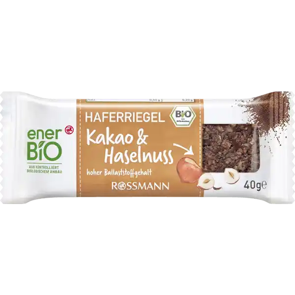 enerBiO Haferriegel Kakao & Haselnuss: Цвет: Produktbeschreibung und details Fr leckere BioSchokoMomente Unser enerBiO Haferriegel mit kstlichem Kakao ampamp crunchy Haselnuss ist der se  glutenfreie Haferbissen von dem Sie nie genug naschen knnen Den kleinen Snack mit dem hohen Ballaststoffgehalt genieen Sie am Besten unterwegs zum Frhstck als Zwischenmahlzeit  oderwann immer Ihnen nach ein wenig sem KakaoGenuss ist Alle Produkte unserer ROSSMANNMarke enerBiO stammen aus kontrolliert biologischem Anbau Durch eine schonende sorgfltige Verarbeitung erhalten wir hierbei sowohl die Hochwertigkeit als auch den natrlichen Geschmack Zudem lassen wir unsere Produkte regelmig durch unabhngige Institute berprfen  so gewhrleisten wir eine gleichbleibende Qualitt Lebensmittelunternehmer Name Dirk Rossmann GmbH Adresse Isernhgener Str  Burgwedel wwwrossmannde Bio Zertifikat GRBIO UrsprungslandHerkunftsort EUNichtEULandwirtschaft Testurteile Qualittssiegel ampamp Verbandszeichen Rechtlich vorgeschriebene Produktbezeichnung Bio Hafervollkornriegel mit Haselnussstckchen und Kakaopulver Zutaten   HAFERVOLLKORNFLOCKEN  Agavendicksaft Reissirup  HASELNUSSSTCKEN  Sonnenblumenl  Kakaopulver Quinoa gepufft Salz aus kontrolliert biologischem Anbau Kann Spuren von SESAMSAMEN ERDNSSEN und anderen SCHALENFRCHTEN enthalten Nhrwerte Durchschnittliche Nhrwertangaben pro  g pro  Portion  g Energie  kj   kcal  kj   kcal Fett  g  g davon  gesttigte Fettsuren  g  g Kohlenhydrate  g  g davon  Zucker  g  g Ballaststoffe  g  g Eiwei  g  g Salz  g  g Gebrauch Aufbewahrung und Verwendung Aufbewahrungs und Verwendungsbedingungen Trocken lagern und vor Wrme schtzen
https://www.rossmann.de/de/lebensmittel-enerbio-haferriegel-kakao-und-haselnuss/p/4305615826592