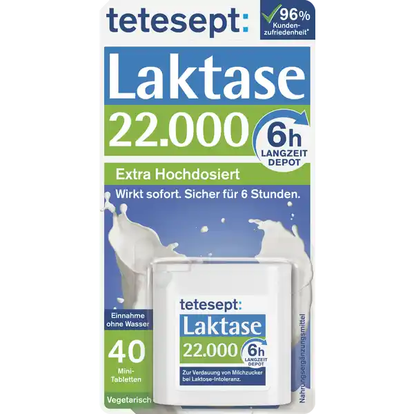 tetesept Laktase 22.000 Langzeit-Depot: Цвет: https://www.rossmann.de/de/gesundheit-tetesept-laktase-22000-langzeit-depot/p/4008491130981
Produktbeschreibung und details Der Genuss laktosehaltiger Speisen und Getrnke ist fr viele Menschen nicht selbstverstndlich  sie sind von LaktoseIntoleranz betroffen Blhungen Durchfall oder MagenDarmbeschwerden sind zB die Folge Die tgliche Ernhrung ist mit Einschrnkungen und Unsicherheit verbunden tetesept Laktase  LangzeitDepot besteht aus LaktaseEnzymen die die Verdauung von Laktase wirksam und zuverlssig untersttzen Es sind Unterschiede bei Laktosetoleranz gegeben Betroffene sollten sich Rat bezglich der Funktion des Stoffes bei ihrer Ernhrung holen tetesept Laktase  LangzeitDepot enthlt ein  Stunden WirkDepot mit darmaktiver AktivLaktase Es gewhrleistet einen kontinuierlichen Laktoseabbau fr vier Stunden indem es die Verdauung von Laktoseresten auch noch im Darm sicherstellt  wie der Krper es braucht Damit haben Sie den Kopf wieder frei fr entspanntes Genieen  auch spontan zwischendurch tetesept Laktase  LangzeitDepot enthlt ein hWirkDepot mit verlngerter Enzymaktivitt So wird auch noch eine kleinere Folgemahlzeit abgesichert in der handlichen Minidose  dezent und praktisch fr unterwegs zur Verdauung von Milchzucker bei LaktoseIntoleranz extra hoch dosiert mit LangzeitDepot wirkt sofort sicher fr  Stunden fr Vegetarier geeignet Produktstudie mit tetesept Laktase  LangzeitDepot Lebensmittelunternehmer Name Merz Consumer Care GmbH Adresse Eckenheimer Landstrae   Frankfurt am Main wwwteteseptde Rechtlich vorgeschriebene Produktbezeichnung Nahrungsergnzungsmittel mit  FCCEinheiten Laktase pro Tablette Zutaten Maltodextrin Laktase  Fllstoff Hydroxypropylmethylcellulose Trennmittel Magnesiumsalze der Speisefettsuren Anwendung und Gebrauch  Tablette unmittelbar vor oder whrend des Verzehrs milchzuckerhaltiger Speisen mit etwas Flssigkeit unzerkaut einnehmen Tglich maximal  Tabletten Abhngig von der krpereigenen Laktaseaktivitt und der jeweiligen Menge an Milchzucker in Speisen und Getrnken ist die Dosierung individuell und bedarfsgerecht anzupassen Gebrauch Aufbewahrung und Verwendung Aufbewahrungs und Verwendungsbedingungen Vor Hitze und direkter Lichteinstrahlung schtzen Fr kleine Kinder unzugnglich aufbewahren Warnhinweise und wichtige Hinweise Warnhinweise Die empfohlene tgliche Verzehrsmenge darf nicht berschritten werden Nahrungsergnzungsmittel sind kein Ersatz fr eine abwechslungsreiche und ausgewogene Ernhrung die zusammen mit einer gesunden Lebensweise von Bedeutung ist