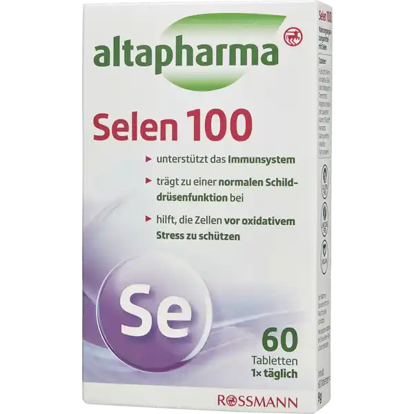 altapharma Selen 100: Цвет: https://www.rossmann.de/de/gesundheit-altapharma-selen-100/p/4305615911809
Produktbeschreibung und details Oxidativer Stress kann im Krper unter anderem durch Umwelteinflsse wie UVStrahlung Luftverschmutzung Zigarettenrauch und Alkohol entstehen Das Spurenelement Selen trgt dazu bei die Zellen vor diesem oxidativen Stress zu schtzen und trgt zustzlich zu einer normalen Funktion des Immunsystems bei Selen ist auch ein essenzieller Bestandteil eines spezifischen Spermienproteins das fr die Beweglichkeit und die Struktur der Spermien von Bedeutung ist So trgt Selen zu einer normalen Spermabildung beim Mann bei glutenfrei laktosefrei vegan Kontaktdaten Dirk Rossmann GmbH Isernhgener Strae   Burgwedel wwwrossmannde Testurteile Qualittssiegel ampamp Verbandszeichen Zutaten Fllstoff Mikrokristalline Cellulose Maltodextrin Trennmittel Magnesiumsalze der Speisefettsuren Fllstoff Vernetzte Carboxymethylcellulose Natriumselenit Nhrwerte Durchschnittliche Nhrwertangaben pro  Portion pro  g pro Tagesdosis  Tablette Tagesdosis Referenzwert Referenzmenge gem Lebensmittelinformationsverordnung Energie  kj   kcal  kj   kcal Fett amplt  g  g davon  gesttigte Fettsuren amplt  g  g Kohlenhydrate amplt  g  g davon  Zucker amplt  g  g Eiwei amplt  g amplt  g Salz amplt  g  g NRV Selen  g   Anwendung und Gebrauch Verzehrempfehlung Erwachsene Tglich  Tablette mit reichlich Flssigkeit zB  Glas Wasser schlucken Gebrauch Aufbewahrung und Verwendung Aufbewahrungs und Verwendungsbedingungen Vor Wrme Sonnenlicht und Feuchtigkeit schtzen Warnhinweise und wichtige Hinweise Warnhinweise Die angegebene empfohlene tgliche Verzehrsmenge darf nicht berschritten werden Bitte auerhalb der Reichweite von kleinen Kindern aufbewahren Nicht fr Kinder und Jugendliche unter  Jahren geeignet Nahrungsergnzungsmittel sind kein Ersatz fr eine abwechslungsreiche und ausgewogene Ernhrung sowie eine gesunde Lebensweise