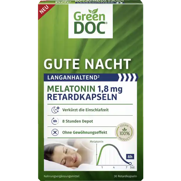 GreenDoc Gute Nacht Melatonin 30 Retardkapseln: Цвет: https://www.rossmann.de/de/gesundheit-greendoc-gute-nacht-melatonin-30-retardkapseln/p/4036581583102
Produktbeschreibung und details Der permanent steigende Druck der Leistungsgesellschaft sowie die fortschreitende Digitalisierung fhren zu einer immer strker werdenden Belastung fr Krper und Geist Ein unregelmiger SchlafWachRhythmus mit Problemen beim Einschlafen ist die Folge GreenDoc Melatonin  mg Retardkapseln helfen durch das enthaltene hochdosierte Melatonin die Einschlafzeit zu verkrzen die zB durch Stress hormonelle Vernderungen oder Schichtarbeit gestrt wird Die zeitverzgerte Freisetzung des Melatonins ermglicht eine Versorgung ber bis zu  Stunden Nach der Einnahme der Retardkapsel wird  mg Melatonin freigesetzt das zu einer Verkrzung der Einschlafzeit fhrt Whrend des Schlafs werden weitere  mg Melatonin nach und nach freigesetzt GreenDoc Melatonin  mg Retardkapseln sind gut vertrglich und es stellt sich auch bei regelmiger Einnahme kein Gewhnungseffekt ein GreenDoc ist spezialisiert auf mentale Gesundheit sowie Leistungsfhigkeit und ein Experte in diesem Bereich Mit den innovativen Gesundheitsprodukten soll Betroffenen in den Bereichen Entspannung Schlaf Stimmung und Konzentration geholfen werden Bei der Entwicklung wird auf eine gute Vertrglichkeit geachtet und auf unntige Zusatzstoffe verzichtet Melatonin trgt dazu bei die Einschlafzeit zu verkrzen langanhaltend verkrzt die Einschlafzeit  Stunden Depot ohne Gewhnungseffekt  vegan Lebensmittelunternehmer Name Districon GmbH Adresse BessieColemanStrae  D Frankfurt wwwgreendocde UrsprungslandHerkunftsort Deutschland Rechtlich vorgeschriebene Produktbezeichnung Nahrungsergnzungsmittel mit Melatonin Zutaten Fllstoff mikrokristalline Cellulose Hydroxypropylmethylcellulose Trennmittel Siliciumdioxid Melatonin Anwendung und Gebrauch  Kapsel kurz vor dem Schlafengehen mit ausreichend Flssigkeit einnehmen Bitte halten Sie sich an die Verzehrempfehlung damit sich die positive Wirkung einstellt Gebrauch Aufbewahrung und Verwendung Aufbewahrungs und Verwendungsbedingungen Unter  C trocken und vor Licht geschtzt aufbewahren Auerhalb der Reichweite von kleinen Kindern aufbewahren Warnhinweise und wichtige Hinweise Warnhinweise Nahrungsergnzungsmittel sollten nicht als Ersatz fr eine abwechslungsreiche und ausgewogene Ernhrung sowie eine gesunde Lebensweise dienen Auerhalb der Reichweite von kleinen Kindern aufbewahren Die empfohlene tgliche Verzehrmenge darf nicht berschritten werden Eine Anwendung bei Kindern und eine Einnahme ber einen lngeren Zeitraum bzw Daueranwendung wird nicht empfohlen Bitte wende dich bei Fragen an deinen Arzt