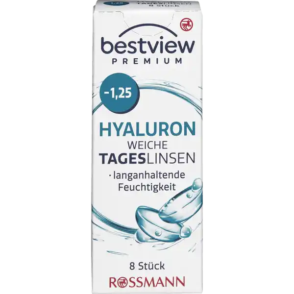 BestView Premium weiche Tageslinsen Hyaluron -1,25: Цвет: https://www.rossmann.de/de/gesundheit-bestview-premium-weiche-tageslinsen-hyaluron--125/p/4719889750017
Produktbeschreibung und details Die bestview Premium Hyaluron weiche Tageslinsen erfllen alle europischen Normen und medizinischen Richtlinien Das zugefgte Hyaluron begnstigt eine Verbesserung der Stabilitt des Trnenfilms Die bestview Tageslinsen besitzen ein spezielles Linsendesign welches eine einfachere Anwendung ermglicht Tageslinsen sind durch ihren tglichen Austausch besonders hygienisch und brauchen nicht gereinigt zu werden Tageslinsen sind besonders zu empfehlen wenn man nur ab und zu Kontaktlinsen trgt etwa beim Sport im Urlaub oder am Wochenende bestview Premium Hyaluron weiche Tageslinsen sind vertrgliche weiche Kontaktlinsen zur Korrektur von Kurzsichtigkeit langanhaltende Feuchtigkeit  Stck Kontaktdaten Dirk Rossmann GmbH Isernhgener Strae   Burgwedel wwwrossmannde Anwendung und Gebrauch Nutzungsdauer  Tag Inhaltsstoffe  Wasser  Etafilcon A Phosphat gepufferte Kochsalzlsung Warnhinweise und wichtige Hinweise Warnhinweise Nicht verwenden bei beschdigter Linsenverpackung Gehen Sie mit Ihren Linsen bitte regelmig zu einer augenrztlichen Kontrolle Folgen Sie den Anweisungen Ihres Kontaktlinsenanpassers Schlafen Sie nicht mit eingesetzter Linse Bitte beachten Sie die beiliegende Gebrauchsinformation