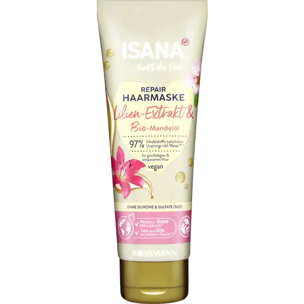 ISANA liebt die Erde Repair Haarmaske: Цвет: https://www.rossmann.de/de/pflege-und-duft-isana-liebt-die-erde-repair-haarmaske/p/4305615971988
Produktbeschreibung und details Die ISANA liebt die Erde Repair Maske mit Bio Mandell und LilienExtrakt pflegt sanft und strkt geschdigtes und brchiges Haar intensiv Fr gesund aussehendes und geschmeidiges Haar fr geschdigtes ampamp strapaziertes Haar diese Rezeptur ist zu  ohne Mikroplastik Hautvertrglichkeit dermatologisch besttigt ohne Silikone ampamp Sulfate Sles vegan Kontaktdaten Dirk Rossmann GmbH Isernhgener Str   Burgwedel wwwrossmannde Testurteile Qualittssiegel ampamp Verbandszeichen Anwendung und Gebrauch Nach der Haarwsche sanft ins feuchte Haar einmassieren  Minuten einwirken lassen und sorgfltig aussplen Hinweis Augenkontakt vermeiden Inhaltsstoffe Aqua Cetearyl Alcohol Behen trimonium Chloride Glyceryl Stearate Isopropyl Myristate Glycerin Panthenol Cocos Nucifera Oil Prunus Amygdalus Dulcis Oil Lilium Candidum Flower Extract Shea Butter Ethyl Esters Cetrimonium Chloride Stearamidopropyl Dimethylamine Parfum Hexyl Cinnamal Isopropyl Alcohol Citric Acid Butylene Glycol Sodium Benzoate