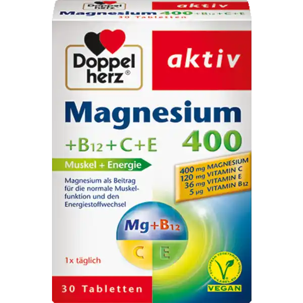 Doppelherz aktiv Magnesium 400: Цвет: Produktbeschreibung und details Doppelherz aktiv Magnesium  BCE Muskel ampamp Energie Magnesium fr die Muskelfunktion  Energiestoffwechsel x tglich Lebensmittelunternehmer Name Queisser Pharma GmbH ampamp Co KG Adresse Schleswiger Strae   Flensburg Deutschland UrsprungslandHerkunftsort Deutschland Rechtlich vorgeschriebene Produktbezeichnung Tabletten mit Magnesium Vitamin C E ampamp B  Nahrungsergnzungsmittel Zutaten Magnesiumoxid Fllstoff mikrokristalline Cellulose LAscorbinsure DLalphaTocopherylacetat Trennmittel vernetzte Carboxymethylcellulose Trennmittel Speisefettsuren berzugsmittel Hydroxypropylmethylcellulose Trennmittel Talkum Trennmittel Magnesiumsalze der Speisefettsuren Farbstoff Titandioxid berzugsmittel Hydroxypropylcellulose Kokosl Cyanocobalamin Nhrwerte Durchschnittliche Nhrwertangaben pro  Portion NRV Magnesium  mg   Vitamin E  mg   Vitamin C  mg   Vitamin B  g   Anwendung und Gebrauch Tglich    Tablette zu einer Mahlzeit mit ausreichend Flssigkeit unzerkaut einnehmen Bei erhhtem Magnesiumbedarf zB aufgrund starker krperlicher Belastung in Verbindung mit einer magnesiumarmen Ernhrung  Tablette tglich einnehmen Liegt lediglich eine unausgewogene Ernhrung vor  Tablette einnehmen Gebrauch Aufbewahrung und Verwendung Aufbewahrungs und Verwendungsbedingungen Bei Raumtemperatur lagern
https://www.rossmann.de/de/gesundheit-doppelherz-aktiv-magnesium-400/p/4009932001105