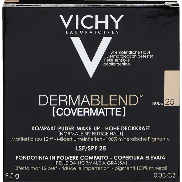 VICHY DERMABLEND [COVERMATTE] Kompakt-Puder-Make-up 25 nude: Цвет: Produktbeschreibung und details  mineralische Pigmente sorgen fr einen ebenmigeren Teint ganz ohne Maskeneffekt Perlite ein Mineral vulkanischen Ursprungs absorbieren Feuchtigkeit und wirken Hautglanz entgegen Fr eine mattierte Haut bis zu  Stunden Salicylsure wirkt keratolytisch Die Poren werden gezielt und grndlich befreit damit der Talg wieder abflieen kann Des Weiteren wirkt Salicylsure entzndungshemmend Dadurch werden Unreinheiten um bis zu  gemindert Zincgluconat reduziert bermige Talgproduktion Thermalwasser von VICHY ist reich an Mineralien und Spurenelementen Es hilft den Eigenschutz der Haut zu verbessern Hautrtungen werden gemildert der Zellstoffwechsel begnstigt und die Widerstandskraft der Haut gestrkt Die Verteilung der Feuchtigkeit in der Haut wird durch das Thermalwasser verbessert fr normale bis fettige Haut zum Abdecken von leichten bis hin zu starken Unreinheiten Pickelmalen erweiterten Poren sowie bei Rtungen und Pigmentstrungen hohe Deckkraft  deckt selbst stark sichtbare Makel ab ohne Maskeneffekt mattiert bis zu h lang mildert Unreinheiten reduziert bermige Talgproduktion nichtkomedogen an empfindlicher Haut getestet LSF  Selbstbewertung von  Frauen Klinischer Test an  Frauen fr  Wochen  durchschnittliche Redutkion der sichtbaren Unreinheiten Vertrglichkeit dermatologisch getestet Kontaktdaten VICHY CAICAF  Vichy France TSA   ST OUEN CEDEX FR wwwvichycom UrsprungslandHerkunftsort Italien Anwendung und Gebrauch  Vorbereiten Die Haut reinigen und die gewohnte Feuchtigkeitspflege vor Verwendung des Puders auf die Haut auftragen Mit kreisfrmigen Bewegungen die gewnschte Produktmenge mit dem beiliegenden Schwmmchen aufnehmen Alternativ kann das Puder auch mit einem Pinsel aufgetragen werden  Auftragen Das Produkt mit dem Schwmmchen von innen nach auen gleichmig auf das Gesicht auftragen Besonders an den Konturen Hals Ohren und Haaransatz das Produkt sorgfltig einklopfen um Rnder zu vermeiden  Deckkraft erhhen Fr noch mehr Deckkraft oder bei ausgeprgten Unregelmigkeiten das Puder gezielt mit klopfenden Bewegungen auf die zu korrigierende Stelle auftragen Nicht auf unverheilte Wunden auftragen Inhaltsstoffe TALC  PERLITE  NYLON  TITANIUM DIOXIDE  DIMETHICONE  MAGNESIUM STEARATE  TRIISOCETYL CITRATE  PARAFFINUM LIQUIDUM  MINERAL OIL  STEARIC ACID  AQUA  WATER  ZINC GLUCONATE  SALICYLIC ACID  TRIMETHYLSILOXYSILICATE  ALUMINUM HYDROXIDE  TOCOPHERYL ACETATE  CAPRYLYL GLYCOL  LAUROYL LYSINE  CETYL DIMETHICONE  MAY CONTAIN MICA CI   TITANIUM DIOXIDE  CI   BISMUTH OXYCHLORIDE  CI  CI  CI   IRON OXIDES
https://www.rossmann.de/de/make-up-vichy-dermablend-covermatte-kompakt-puder-make-up-25-nude/p/3337875563031