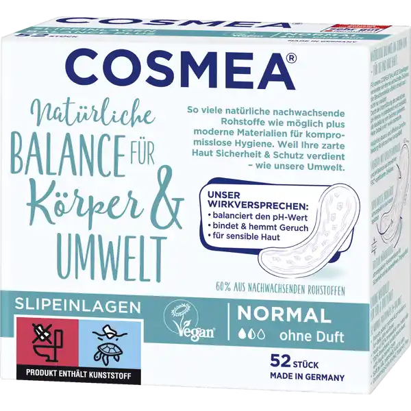 Cosmea Balance Plus Slipeinlagen Normal: Цвет: Produktbeschreibung und details Die COSMEA BALANCE Slipeinlagen Normal besitzen einen Saugkern aus einer neu entwickelten Zellulose die Geruchsmolekle effektiv bindet und nicht nur maskiert Durch die Untersttzung des natrlichen pHWertes im Intimbereich wird zustzlich die Neubildung von Gerchen gehemmt  fr ein frisches Gefhl den ganzen Tag seidenweiche Oberflche Saugkern aus innovativer FSCzertifizierter Zellulose  nachwachsende Rohstoffe fr sensible Haut optimaler Halt leichtes Entfernen dermatologisch mit quotsehr gutquot ausgezeichnet gem The Vegan Society ohne Tierversuche und tierische Bestandteile hergestellt in Deutschland Kontaktdaten W Pelz GmbH ampamp Co KG WillyPelzStrae  D Wahlstedt wwwcosmeade UrsprungslandHerkunftsort Deutschland Testurteile Qualittssiegel ampamp Verbandszeichen
https://www.rossmann.de/de/pflege-und-duft-cosmea-balance-plus-slipeinlagen-normal/p/4000576047801