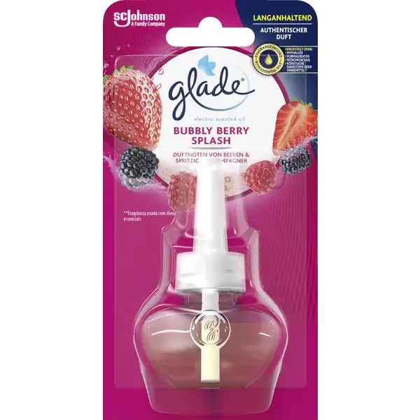 Glade Electric Scented Oil Duftstecker Nachfller Bubbly Berry Splash: Цвет: Produktbeschreibung und details Glade Electric Scented Oil empfngt Sie und Ihre Gste mit einem einzigartigen Dufterlebnis Der Nachfller ist geeignet fr den elektrischen Duftspender von Glade und verleiht Ihrem Wohnzimmer Schlafzimmer und Badezimmer Ihrer Kche und anderen Rumen eine angenehm duftende Wohlfhlatmosphre Die Flakons sind formschn gestaltet und bieten ein langanhaltendes FrischeGefhl Whlen Sie Ihre persnlich bevorzugte DuftEinstellung und genieen Sie die reichhaltigen Duftaromen Mit unserem neuen Konzept  Glade Electric Scented Oil  prsentieren wir Ihnen ein vllig neues Dufterlebnis Aufgrund seines eleganten Designs und seiner einzigartigen Technologie bietet unser Produkt weiter gedachten Raumduft Mit seinen fnf regulierbaren Duftstufen knnen Sie die Intensitt individuell an Ihre Bedrfnisse anpassen und so Ihre persnliche Wohlfhloase kreieren Zustzlich bietet Ihnen unsere groe Duftvielfalt die Mglichkeit in jedem Raum die passende Stimmung zu erzeugen Die einfach einzustellende Skala erlaubt erstklassige Duftabgabe zu jeder Zeit Glade verwendet ausschlielich Premium recycelbare Flaschen aus unzerbrechlichem Kunstoff Zudem verbraucht Glade Electric Scented Oil  Mal weniger Strom als eine bliche LEDLampe W mit  Lumen Kontaktdaten SC Johnson GmbH Postfach  D   Erkrath wwwscjohnsonde    Anwendung und Gebrauch  Drehen Sie bei Bedarf den elektrischen Stecker des Halters um die Ausrichtung an Ihre Steckdose anzupassen  Halten Sie den DuftlNachfller stets aufrecht Schrauben Sie die Klappe von dem DuftlNachfller ab und setzen Sie ihn in den Halter ein  Stecken Sie den Halter aufrecht in die Steckdose Bitte lesen Sie die wichtigen Sicherheitshinweise  Erhalten Sie die gewnschte DuftIntensitt durch Anpassung der Regulierungsstufe Nach Gebrauch Hnde waschen Inhaltsstoffe Enthlt Ethylepoxyphenylbutyrat Linalool ylbutenon und Zimtaldehyd Kann allergische Reaktionen hervorrufen Warnhinweise und wichtige Hinweise Warnhinweise ACHTUNG Kann allergische Hautreaktionen verursachen Schdlich fr Wasserorganismen mit langfristiger Wirkung Ist rztlicher Rat erforderlich Verpackung oder Kennzeichnungsetikett bereithalten Darf nicht in die Hnde von Kindern gelangen Schutzhandschuhe tragen BEI BERHRUNG MIT DER HAUT Mit viel Wasser und Seife waschen Behlter nur vllig restentleert der Wertstoffsammlung zufhren Verpackung mit den Sicherheitshinweisen ber gesamte Verwendungsdauer des Produktes aufbewahren Nur in gut gelfteten Bereichen verwenden Falls Flssigkeit verschttet wurde diese umgehend aufwischen Niemals weitere elektrische Gerte in eine Steckdose unmittelbar oberhalb des Duftsteckers stecken Personen die auf Duftstoffe empfindlich reagieren sollten dieses Produkt mit Vorsicht verwenden Raumdfte sind kein Ersatz fr gute Haushaltshygiene
https://www.rossmann.de/de/haushalt-glade-electric-scented-oil-duftstecker-nachfueller-bubbly-berry-splash/p/5000204249552