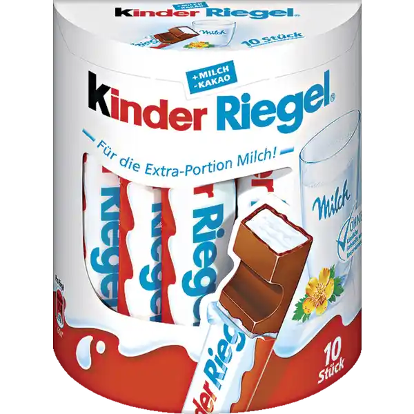 Ferrero Kinder Riegel: Цвет: Produktbeschreibung und details Ferrero Kinder Riegel Kinder Riegel ist die einzigartige Verbindung aus Milch und Schokolade Denn nur die Kombination aus feiner Milchcreme umhllt von zartschmelzender Vollmilchschokolade macht Kinder Riegel so unverwechselbar im Geschmack  Milch  Kakao ohne knstliche Farb ampamp Konservierungsstoffe Lebensmittelunternehmer Name Ferrero Adresse  Frankfurt am Main UrsprungslandHerkunftsort Hergestellt in der EU Rechtlich vorgeschriebene Produktbezeichnung Gefllte Vollmilchschokolade mit Milchfllung  Zutaten VOLLMILCHSCHOKOLADE  Zucker VOLLMILCHPULVER  Kakaobutter Kakaomasse Emulgator Lecithine  SOJA  Vanillin Zucker MAGERMILCHPULVER  Palml BUTTERREINFETT  Emulgator Lecithine  SOJA  Vanillin Gesamtmilchbestandteile im Produkt  Gesamtkakaobestandteile im Produkt  Nhrwerte Durchschnittliche Nhrwertangaben pro  g pro  Portion  g Energie  kj   kcal  kj   kcal Fett  g  g davon  gesttigte Fettsuren  g  g Kohlenhydrate  g  g davon  Zucker  g  g Eiwei  g  g Salz  g  g
https://www.rossmann.de/de/lebensmittel-ferrero-kinder-riegel/p/4008400221021