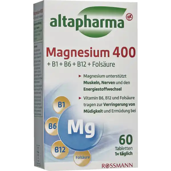 altapharma Magnesium 400: Цвет: Produktbeschreibung und details altapharma Magnesium   B  B  B  Folsure Magnesium untersttzt Muskeln Nerven und den Energiestoffwechsel Lebensmittelunternehmer Name Dirk Rossmann GmbH Adresse Isernhgener Strae   Burgwedel wwwrossmannde UrsprungslandHerkunftsort Hergestellt in der EU Rechtlich vorgeschriebene Produktbezeichnung Nahrungsergnzungsmittel mit Magnesium und BVitaminen Zutaten Magnesiumoxid Fllstoff mikrokristalline Cellulose Maltodextrin Pyridoxinhydrochlorid Vitamin B Thiaminhydrochlorid Vitamin B Trennmittel Magnesiumsalze der Speisefettsuren Pteroylmonoglutaminsure Folsure Cyanocobalamin Vitamin B Nhrwerte Durchschnittliche Nhrwertangaben pro  Portion pro  g pro Tablette Energie  kj   kcal  kj   kcal Fett amplt  g amplt  g davon  gesttigte Fettsuren amplt  g  g Kohlenhydrate  g  g davon  Zucker  g  g Eiwei  g  g Salz  g  g NRV Magnesium  mg   Vitamin B Thiamin  mg   Vitamin B  mg   Folsure  g   Vitamin B  g   Anwendung und Gebrauch Tglich  Tablette unzerkaut mit Flssigkeit z B  Glas Wasser verzehren Die Einnahme des Produktes sollte sich auf Erwachsene beschrnken Gebrauch Aufbewahrung und Verwendung Aufbewahrungs und Verwendungsbedingungen Bitte auerhalb der Reichweite von kleinen Kindern aufbewahren Trocken vor Wrme und Licht geschtzt aufbewahren
https://www.rossmann.de/de/gesundheit-altapharma-magnesium-400/p/4305615615905