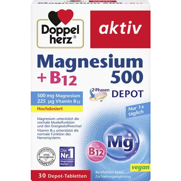 Doppelherz aktiv Magnesium 500 + B12 2-Phasen Depot: Цвет: https://www.rossmann.de/de/gesundheit-doppelherz-aktiv-magnesium-500--b12-2-phasen-depot/p/4009932137026
Produktbeschreibung und details Erhhte krperliche Belastungen in Beruf und Sport beanspruchen Muskeln und Nerven Hierdurch kann ein erhhter Bedarf an Magnesium und Vitamin B entstehen Magnesium ist ein lebensnotwendiger Mineralstoff den der Krper nicht selbst bilden kann Eine Speicherung ist nur in begrenztem Umfang mglich Eine sehr gute Vitamin B Quelle stellen tierische Lebensmittel dar Lebensmittel pflanzlicher Herkunft enthalten normalerweise nur geringe Mengen an Vitamin B Die Magnesium   B Phasen Tabletten von Doppelherz enthalten   Magnesium und Vitamin B aus der SofortPhase und   Magnesium und Vitamin B aus der DepotPhase hochdosiert mit  mg Magnesium und  g Vitamin B Magnesium leistet einen Beitrag zur normalen Musklefunktion und zum normalen Energiestoffwechsel Vitamin B leistet einen Beitrag zum normalen Energiestoffwechsel Vitamin B trgt zur Verringerung von Mdigkeit und Erschpfung bei Phasen Tabletten fr die zgige und die quotLangzeitquot  Nhrstofffreigabe bei erhhtem Bedarf  nur  x tglich Lebensmittelunternehmer Name Queisser Pharma GmbH ampamp Co KG Adresse Schleswiger Str   Flensburg  DEUTSCHLAND wwwdoppelherzde Rechtlich vorgeschriebene Produktbezeichnung Tabletten mit Magnesium und Vitamin B Nahrungsergnzungsmittel Zutaten Magnesiumoxid Fllstoff Dicalciumphosphat Fllstoff Isomalt Fllstoff mikrokristalline Cellulose Fllstoff Hydroxypropylmethylcellulose Modifizierte Strke Fllstoff Polyvinylpyrrolidon Trennmittel Speisefettsuren Trennmittel Magnesiumsalze der Speisefettsuren Farbstoff Eisenoxide und Eisenhydroxide berzugsmittel Hydroxypropylcellulose Trennmittel vernetzte Carboxymethylcellulose Trennmittel Talkum Trennmittel Siliciumdioxid Kokosl Cyanocobalamin Nhrwerte Durchschnittliche Nhrwertangaben pro  Portion pro  Portion  Tablette  Tablette NRV NRV Magnesium  mg    mg   Vitamin B  g    g   Anwendung und Gebrauch Tglich  Tablette zu einer Mahlzeit mit ausreichend Flssigkeit unzerkaut einnehmen Bei erhhtem Magnesiumbedarf zB aufgrund starker krperlicher Belastung in Verbindung mit einer magnesiumarmen Ernhrung  Tablette tglich einnehmen Liegt lediglich eine unausgewogene Ernhrung vor eine  Tablette einnehmen Gebrauch Aufbewahrung und Verwendung Aufbewahrungs und Verwendungsbedingungen Trocken und nicht ber C lagern Fr kleine Kinder unzugnglich aufbewahren Warnhinweise und wichtige Hinweise Warnhinweise Fr Kinder und Jugendliche Schwangere und Stillende sowie Personen mit eingeschrnkter Nierenfunktion nicht geeignet Mengen ber  mg Magnesium knnen bei empfindlichen Personen abfhrend wirken Die angegebene empfohlene tgliche Verzehrsmenge darf nicht berschritten werden Nahrungsergnzungsmittel sind kein Ersatz fr eine ausgewogene und abwechslungsreiche Ernhrung und eine gesunde Lebensweise