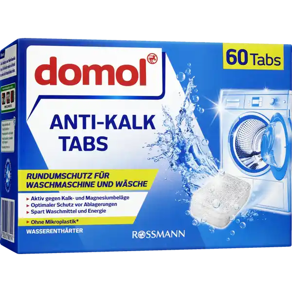 domol Anti-Kalk Tabs: Цвет: https://www.rossmann.de/de/haushalt-domol-anti-kalk-tabs/p/4305615888194
Produktbeschreibung und details Freuen Sie sich auf einen zuverlssigen Kalkschutz fr Ihre Waschmaschine Die domol AntiKalk Tabs reduzieren die Ansammlung von geruchsbildendem Schmutz und Waschmittelresten in Ihrer Waschmaschine Die Tabs schtzen nicht nur Ihre Waschmaschine Leitungen Rohre und Wsche sondern Sie sparen auch Waschmittel und Energie da Sie nur noch fr weiches Wasser dosieren mssen  unabhngig davon wie hart Ihr Wasser ist Rundumschutz fr Waschmaschine und Wsche aktiv gegen Kalk und Magnesiumbelge optimaler Schutz vor Ablagerungen spart Waschmittel und Energie ohne Mikroplastik verlngert die Lebensdauer Ihrer Waschmaschine schtzt bei allen Waschtemperaturen Wasserenthrter nach ECHA Definition Kontaktdaten Dirk Rossmann GmbH Isernhgener Str   Burgwedel wwwrossmannde     UrsprungslandHerkunftsort Hergestellt in der EU Anwendung und Gebrauch Fr alle Textilien Waschprogramme und  temperaturen geeignet Waschmaschine mit Wsche befllen Den Tab aus der Folie nehmen und in die Einsplkammer Ihrer Waschmaschine geben Den Wasserhrtebereich erfahren Sie bei Ihrem Wasserwerk Waschmittel gem Dosierempfehlung fr Wasserhrte weichquot dosieren Anschlieend das Waschprogramm starten Inhaltsstoffe   Polycarboxylate Warnhinweise und wichtige Hinweise Warnhinweise ACHTUNG Verursacht schwere Augenreizung Ist rztlicher Rat erforderlich Verpackung oder Kennzeichnungsetikett bereithalten Darf nicht in die Hnde von Kindern gelangen Nach Gebrauch Hnde grndlich Waschen BEI KONTAKT MIT DEN AUGEN Einige Minuten lang behutsam mit Wasser splen Eventuell vorhandene Kontaktlinsen nach Mglichkeit entfernen Weiter splen Bei anhaltender Augenreizung rztlichen Rat einholenrztliche Hilfe hinzuziehen UFI JCNDNPXFY Detergenzienblatt Detergenzienblatt Laden Sie das Dokument zum Produkt als PDF herunter