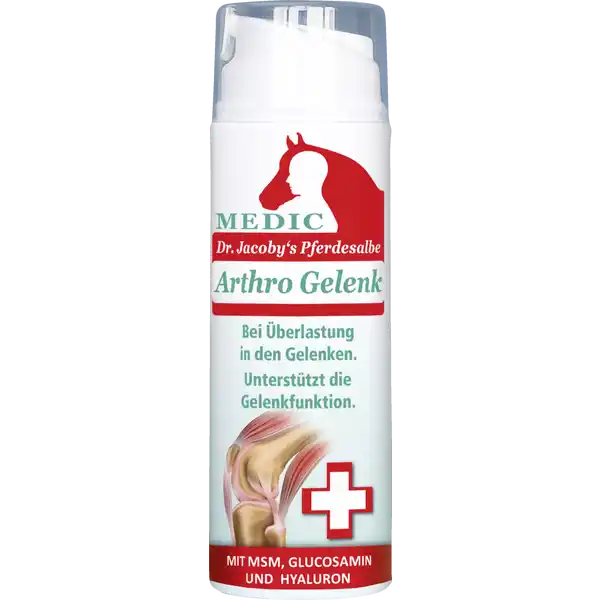 Dr Jacobys Medic Pferdesalbe Arthro Gelenk: Цвет: https://www.rossmann.de/de/gesundheit-dr-jacobys-medic-pferdesalbe-arthro-gelenk/p/4033082021522
Produktbeschreibung und details Dr Jacobys Pferdesalbe Arthro Gelenk zur Anwendung bei berlastung und zur Untersttzung der Gelenkfunktion versorgt die Gelenke durch wertvolle Inhaltsstoffe MSM und Hyaluronsure sorgen fr eine elastische Gleitschicht zwischen den Gelenken So knnen Reibungen minimiert werden und Bewegung kann wieder leichter fallen Cetyl Myristoleate CMO ist eine neue Substanz die kombiniert mit Menthol wohltuend und khlend wirkt Glucosamin eine weithin bekannte Substanz untersttzt Gelenke in ihrer Funktion Kontaktdaten Equimedis Dr Jacoby GmbH ampamp Co KG Beim Eberacker   Lahnau Anwendung und Gebrauch Die Creme mal tglich in die betroffenen Gelenkbereiche einmassieren und fr ein optimales Ergebnis ber einen lngeren Zeitraum von ca  Wochen anwenden Inhaltsstoffe Aqua Cetearyl Alcohol Cocos Nucifera Oil Isopropyl Myristate Glycerin Simmondisa Chinensis Oil Dimethyl Sulfone MSM Sodium Cetearyl Sulfate Cetyl Myristoleate Menthol Perna Canaliculus Extract Hyaluronic Acid Parfum Phenoxyethanol Ethylhexylglycerin Warnhinweise und wichtige Hinweise Warnhinweise Nur auf gesunder und ungereizter Haut auftragen Kontakt zu Augen und Schleimhuten vermeiden Nicht fr Kleinkinder geeignet