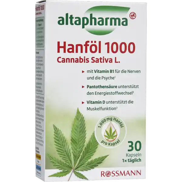 altapharma Hanfl  Cannabis Sativa L: Цвет: https://www.rossmann.de/de/gesundheit-altapharma-hanfoel-1000-cannabis-sativa-l/p/4305615940175
Produktbeschreibung und details Heutzutage ist Stress im Alltag nahezu unumgnglich Durch starke Belastung kommt schnell das Gefhl der berforderung und der inneren Unruhe auf Dies zehrt an unseren Nerven und Energiereserven und fhrt dazu dass uns Alltagsaufgaben schwerfallen Altapharma Hanfl  untersttzt mit seiner ausgewogenen Vitaminkombination  den Krper dabei mit den Alltagsherausforderungen besser umgehen zu knnen Seit Jahrhunderten wird die Cannabispflanze Cannabis Sativa L aufgrund ihrer Vielseitigkeit geschtzt Das kaltgepresste natrliche l aus den Samen der Pflanze ist reich an gesunden ungesttigten Fettsuren wie Omega    und  Fettsuren Die Rezeptur ist sinnvoll ergnzt mit Vitamin B welches zu einer normalen psychischen Funktion und zu einem normalen Nervensystem beitrgt Zustzlich trgt Vitamin B zur Verringerung von Mdigkeit und Ermdung bei Fr einen normalen Energiestoffwechsel und normale geistige Leistung sorgt die enthaltene Pantothensure Vitamin D untersttzt die Erhaltung einer normalen Muskelfunktion mit Vitamin B fr die Nerven und die Psyche Pantothensure untersttzt den Energierstoffwechsel Vitamin D untersttzt die Museklfunktion  mg Hanfl pro Kapsel glutenfrei lactosefrei  Vitamin B Thiamin trgt zu einer normalen Funktion des Nervensystems und zur normalen psychischen Funktion bei  Pantothensure trgt zu einem normalen Energiestoffwechsel bei Vitamin D trgt zur Erhaltung einer normalen Muskelfunktion bei Lebensmittelunternehmer Name Dirk Rossmann GmbH Adresse Isernhgener Str   Burgwedel wwwrossmannde UrsprungslandHerkunftsort Hergestellt in der EU Hanf aus NichtEU Testurteile Qualittssiegel ampamp Verbandszeichen Rechtlich vorgeschriebene Produktbezeichnung Nahrungsergnzungsmittel mit Hanfl Vitaminen B B D und Pantothensure Zutaten Hanfsamenl Gelatine Rind Feuchthaltemittel Glycerin Wasser CalciumDpantothenat Pantothensure Farbstoff Eisenoxid Thiaminhydrochlorid Vitamin B Cyanocobalamin Vitamin B Cholecalciferol Vitamin D Nhrwerte Durchschnittliche Nhrwertangaben pro  Portion pro  g  Stck Tagesdosis Referenzwert gem Lebensmittelinformationsverordnung Energie  kj   kcal  kj   kcal Fett  g  g davon  gesttigte Fettsuren  g  g Kohlenhydrate  g  g davon  Zucker  g  g Eiwei amplt  g  g Salz  g  g NRV Vitamin D  g   Vitamin B Thiamin  mg   Vitamin B  g   Pantothensure  mg   Anwendung und Gebrauch Tglich  Kapsel mit ausreichend Flssigkeit Wasser einnehmen Gebrauch Aufbewahrung und Verwendung Aufbewahrungs und Verwendungsbedingungen Auerhalb der Reichweite von kleinen Kindern aufbewahren Unter  C trocken und vor Licht geschtzt aufbewahren Warnhinweise und wichtige Hinweise Warnhinweise Die empfohlene tgliche Verzehrmenge darf nicht berschritten werden Nahrungsergnzungsmittel sollten nicht als Ersatz fr eine abwechslungsreiche und ausgewogene Ernhrung sowie eine gesunde Lebensweise dienen