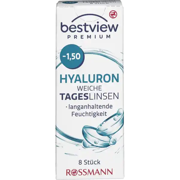 BestView Premium weiche Tageslinsen Hyaluron -1,50: Цвет: https://www.rossmann.de/de/gesundheit-bestview-premium-weiche-tageslinsen-hyaluron--150/p/4719889750024
Produktbeschreibung und details Die bestview Premium Hyaluron weiche Tageslinsen erfllen alle europischen Normen und medizinischen Richtlinien Das zugefgte Hyaluron begnstigt eine Verbesserung der Stabilitt des Trnenfilms Die bestview Tageslinsen besitzen ein spezielles Linsendesign welches eine einfachere Anwendung ermglicht Tageslinsen sind durch ihren tglichen Austausch besonders hygienisch und brauchen nicht gereinigt zu werden Tageslinsen sind besonders zu empfehlen wenn man nur ab und zu Kontaktlinsen trgt etwa beim Sport im Urlaub oder am Wochenende bestview Premium Hyaluron weiche Tageslinsen sind vertrgliche weiche Kontaktlinsen zur Korrektur von Kurzsichtigkeit langanhaltende Feuchtigkeit  Stck Kontaktdaten Dirk Rossmann GmbH Isernhgener Strae   Burgwedel wwwrossmannde Anwendung und Gebrauch Nutzungsdauer  Tag Inhaltsstoffe  Wasser  Etafilcon A Phosphat gepufferte Kochsalzlsung Warnhinweise und wichtige Hinweise Warnhinweise Nicht verwenden bei beschdigter Linsenverpackung Gehen Sie mit Ihren Linsen bitte regelmig zu einer augenrztlichen Kontrolle Folgen Sie den Anweisungen Ihres Kontaktlinsenanpassers Schlafen Sie nicht mit eingesetzter Linse Bitte beachten Sie die beiliegende Gebrauchsinformation