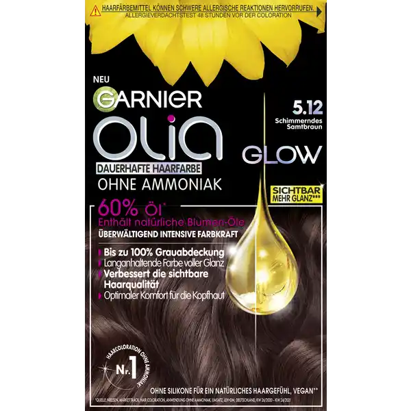 Garnier Olia Glow Dauerhafte Haarfarbe 5.12 Schimmerndes Samtbraun: Цвет: Produktbeschreibung und details Die Garnier Olia Glow Dauerhafte Haarfarbe ohne Ammoniak sorgt fr eine berwltigende intensive Farbkraft in der Farbe Schimmerndes Samtbraun Die cremige Formel der braunen Haarcoloration enthlt   natrliche Blumenle die das Haar tiefenwirksam pflegen und dafr sorgen dass die Farbpigmente tief in der Haarfaser verankert werdenZudem deckt die Olia Glow Haarfarbe von Garnier graue Haare zu   ab und wirkt sowohl gegen Rauheit als auch Mattheit Dadurch erscheinen die Haare besonders glnzend und geschmeidig und fhlen sich traumhaft weich an Die Qualitt der Haare wird nachhaltig verbessert und auch nach mehreren Haarwschen behalten sie ihre strahlende Farbintensitt enthlt  Tube EntwicklerCreme g  Tube ColorationsCreme  g  Olia Auftragsflasche  Tube Seide ampamp Glanz Pflegekur  ml  Paar Handschuhe Kontaktdaten LORAL Deutschland GmbH  Geschftsbereich LOral Paris Johannstrae   Dsseldorf Anwendung und Gebrauch Die Garnier Olia Glow Dauerhafte Haarfarbe ohne Ammoniak in Schimmerndem Samtbraun auf das trockene Haar auftragen Dabei die Strhnen einzeln abteilen um ein gleichmiges Resultat zu erhalten Bei dem Auftragen der Haarfarbe sollten die beiliegenden Handschuhe getragen werden und es empfiehlt sich vorab einen Test auf Vertrglichkeit durchzufhren Anschlieend die Farbe ebenfalls in die Lngen einarbeiten und in das gesamte Haar einmassieren Nun die Haarfarbe eine halbe Stunde einwirken lassen Kurz vor dem Aussplen die Farbe noch einmal kurz einmassieren Daraufhin grndlich aussplen bis das Wasser wieder klar ist Im Anschluss empfiehlt sich die Verwendung des Conditioners Gebrauch Aufbewahrung und Verwendung Aufbewahrungs und Verwendungsbedingungen Trocken lagern und Augenkontakt vermeiden Inhaltsstoffe ColorationsCreme Paraffinum Liquidum  Mineral Oil Aqua  Water Ethanolamine Decylglucoside Sodium Lauryl Sulfate PEG Hydrogenated Castor Oil mAminophenol AminoHydroxytoluene Ascorbic Acid Tocopherol Hydroxybenzomorpholine Hydroxypropyl Guar Sodium Metabisulfite Hydroxyindole Thioglycerin ToulueneDiamine Helianthus Annuus Seed Oil  Sunflower Seed Oil Camellia Oleifera Seed Oil Disodium Cocoamphodiacetate EDTA Diaminophenoxyethanol HCL Parfum  Fragrance FIL Z EntwicklerCreme AquaWater Paraffinum Liquidum  Mineral Oil Hydrogen Peroxide Cetearyl Alcohol Sodium Cetearyl Sulfate Sodium Salicylate Sodium Sulfate PEG Hydrogenated Castor Oil Phosphoric Acid Tetrasodium Etidronate Tetrasodium Pyrophosphate FIL C Seide ampamp Glanz Pflegekur zur Mehrfachanwendung AquaWater Cetearyl Alcohol Behentrimonium Chloride Cetyl Esters Tocopherol Trideceth Chlorhexidine Digluconate Helianthus Annuus Seed Oil  Sunflower Seed Oil Camellia Oleifera Seed Oil Amodimethicone Isopropyl Alcohol Citric Acid Cetrimonium Chloride Parfum  Fragrance FIL C Warnhinweise und wichtige Hinweise Warnhinweise HAARFRBEMITTEL KNNEN SCHWERE ALLERGISCHE REAKTION HERVORRUFEN Bitte folgende Hinweise lesen und beachten Dieses Produkt ist nicht fr Personen unter  Jahren bestimmt TEMPORRE TTOWIERUNGEN MIT quotSCHWARZEM HENNAquot KNNEN DAS ALLERGIERISIKO ERHHEN Frben Sie Ihre Haare nicht wenn Sie einen Ausschlag im Gesicht haben oder wenn Ihre Kopfhaut empfindlich gereizt oder verletzt ist wenn Sie schon einmal nach dem Frben Ihrer Haare eine Reaktion festgestellt haben wenn eine temporre Ttowierungen mit quotschwarzem Hennaquot bei Ihnen schon einmal eine Reaktion verursacht hat DAS NICHTBEACHTEN EINER VORLIEGENDEN ALLERGIE KANN LEBENSBEDROHLICH SEIN Es ist unbedingt erforderlich einen ALLERGIEVERDACHTSTEST  STUNDEN VOR jeder Anwendung des Produktes durchzufhren auch wenn Sie Haarfarben bereits frher verwendet haben Denken Sie deshalb daran das Produkt  Stunden vorher zu kaufen Gebrauchsanweisung beachten Bei einer Reaktion oder falls Sie Fragen zur persnlichen Vertrglichkeit haben wenden Sie sich vor Anwendung einer Haarfarbe an einen Arzt EntwicklerCreme enthlt Wasserstoffperoxid ColorationsCreme enthlt Phenylendiamine Toluylendiamine Geeignete Handschuhe tragen Diese liegen der Packung bei Kontakt mit den Augen vermeiden Nicht zur Frbung von Wimpern und Augenbrauen verwenden Sofort Augen splen falls das Erzeugnis mit den Augen in Berhrung gekommen ist Nach Anwendung die Haare gut splen Dieses Produkt frhestens  Tage nach einer Entkruselung Dauerwelle oder einer langanhaltenden Glttung anwenden Nicht anwenden wenn Ihre Haare mit Henna gefrbt oder mit einem Produkt behandelt wurden das schrittweise zur natrlichen Haarfarbe zurckfhrt Darf nicht in die Hnde von Kindern gelangen
https://www.rossmann.de/de/pflege-und-duft-garnier-olia-glow-dauerhafte-haarfarbe-512-schimmerndes-samtbraun/p/3600542447461