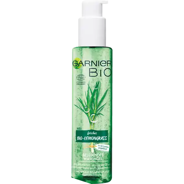 Garnier Bio Belebendes Waschgel frisches Bio-Lemongrass: Цвет: Produktbeschreibung und details fr normale bis Mischhaut in Sri Lanka angebaut mit therischem Lemongrassl und Kornblumenwasser aus biologischem Anbau Naturkosmetik  der gesamten Inhaltsstoffe sind aus kontrolliert biologischem Anbau Testurteile Qualittssiegel ampamp Verbandszeichen Anwendung und Gebrauch Perfekt fr die tgliche Gesichtsreinigung nach dem Abschminken Garnier Bio Lemongrass Belebendes Waschgel auf das angefeuchtete Gesicht auftragen und mit kreisenden Bewegungen einmassieren Anschlieend grndlich absplen Inhaltsstoffe AQUA  WATER SUCROSE COCOBETAINE GLYCERIN COCOGLUCOSIDE DISODIUM COCOYL GLUTAMATE XANTHAN GUM CYMBOPOGON SCHOENANTHUS OIL CENTAUREA CYANUS FLOWER WATER SODIUM CHLORIDE SODIUM COCOYL GLUTAMATE ARGININE PROPANEDIOL CITRIC ACID SODIUM BENZOATE SALICYLIC ACID LINALOOL EUGENOL LIMONENE CITRAL PARFUM  FRAGRANCE
https://www.rossmann.de/de/pflege-und-duft-garnier-bio-belebendes-waschgel-frisches-bio-lemongrass/p/3600542184687