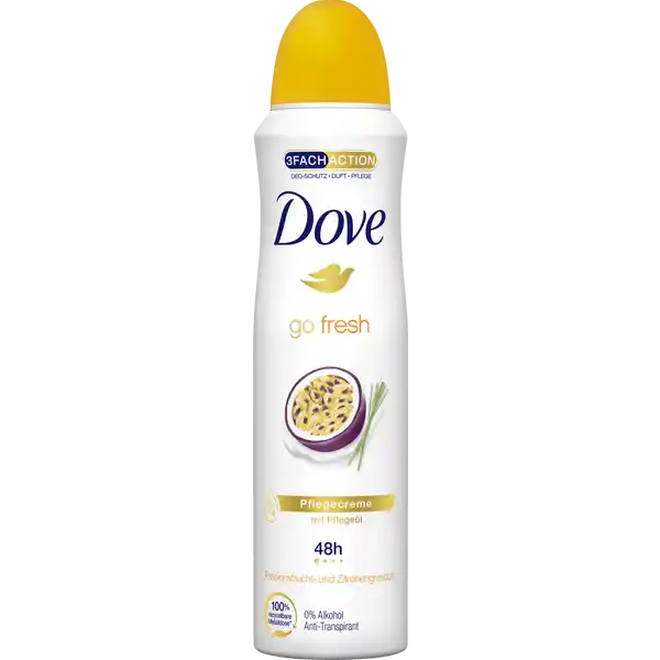 Dove go fresh Deo Spray Passionsfrucht- und Zitronengrasduft: Цвет: Produktbeschreibung und details Ein gutes Deodorant Spray sollte zuverlssigen Schutz gegen Krpergeruch sowie Achselnsse und Pflege fr die Haut bieten Dafr wurde das Dove AntiTranspirantSpray go fresh Passionsfrucht und Zitronengrasduft entwickelt Mit dem unwiderstehlichen Duft nach tropischer Passionsfrucht und erfrischendem Zitronengras fhlt man sich frisch und voller Selbstvertrauen  den ganzen Tag lang So sorgt das Dove AntiTranspirant mit seiner Fach Action aus Schutz Duft und Pflege fr ein langanhaltendes Frischegefhl und pflegt dabei die Achselhaut Mit AntiTranspiranten haben Schwei und Krpergeruch keine Chance Ein AntiTranspirant bekmpft zuverlssig Krpergeruch und wirkt gegen Achselnsse Das Dove Deodorant Spray schtzt fr bis zu  Stunden und nimmt die Angst vor ungewollten Schweiflecken oder ungewollten Duftnoten Was Dove Deospray von vielen anderen unterscheidet Wir sind bei der Entwicklung unserer innovativen Produkte darauf bedacht dass sie in jeder Situation zuverlssig vor Achselnsse und Krpergeruch schtzen Zudem verwenden wir fr unsere Produkte  Dove Pflegecreme fr weiche geschmeidige und zart aussehende Haut Die Pflegecreme schtzt die empfindliche Achselhaut und hilft ihr sich auch bei hufigem Rasieren schneller zu regenerieren Fr glatte und schn gepflegte Achseln mit dem Dove Deo Dove ist von PETA als crueltyfree zertifiziert und viele unserer Produkte tragen jetzt das PETAapproved Logo Weltweit testet Dove nicht an Tieren nicht einmal dort wo Tierversuche vorgeschrieben sind Dove untersttzt Frauen dabei das volle Potenzial ihrer individuellen Schnheit zu entfalten indem wir Produkte entwickeln die auf die besonderen Bedrfnisse von Haut und Haar abgestimmt sind Denn wir glauben dass nur wer sich durch die richtige Pflege schn und wohl in seiner Haut fhlt dies auch ausstrahlen kann Kontaktdaten Unilever RA   AL NL wwwdovecom UrsprungslandHerkunftsort UK Anwendung und Gebrauch Vor Gebrauch gut schtteln Aus nicht weniger als  cm Entfernung sprhen Nur unter den Achseln verwenden Nicht auf gereizter oder verletzter Haut anwenden Bei Auftreten von Hautirritationen nicht weiter verwenden Inhaltsstoffe Butane Isobutane Propane Aluminum Chlorohydrate Cyclopentasiloxane PPG Butyl Ether Parfum Helianthus Annuus Seed Oil C Alkyl Benzoate Disteardimonium Hectorite Octyldodecanol BHT Propylene Carbonate Dimethiconol Tocopheryl Acetate AlphaIsomethyl Ionone Benzyl Alcohol Citral Citronellol Limonene Linalool Warnhinweise und wichtige Hinweise Warnhinweise GEFAHR Extrem entzndbares Aerosol Behlter steht unter Druck Kann bei Erwrmung bersten Von Hitze heien Oberflchen Funken offenen Flammen sowie anderen Zndquellen fernhalten Nicht rauchen Nicht gegen offene Flamme oder andere Zndquelle sprhen Nicht durchstechen oder verbrennen auch nicht nach Gebrauch Vor Sonnenbestrahlung schtzen Nicht Temperaturen ber C aussetzen Darf nicht in die Hnde von Kindern gelangen Direktes Einatmen vermeiden Nur kurz sprhen und in gut gelfteten Rumen verwenden lngeres Sprhen vermeiden Nicht in die Augen sprhen Benutzung ausschlielich gem Verwendungszweck Nur entleert entsorgen
https://www.rossmann.de/de/pflege-und-duft-dove-go-fresh-deo-spray-passionsfrucht--und-zitronengrasduft/p/8720181203992